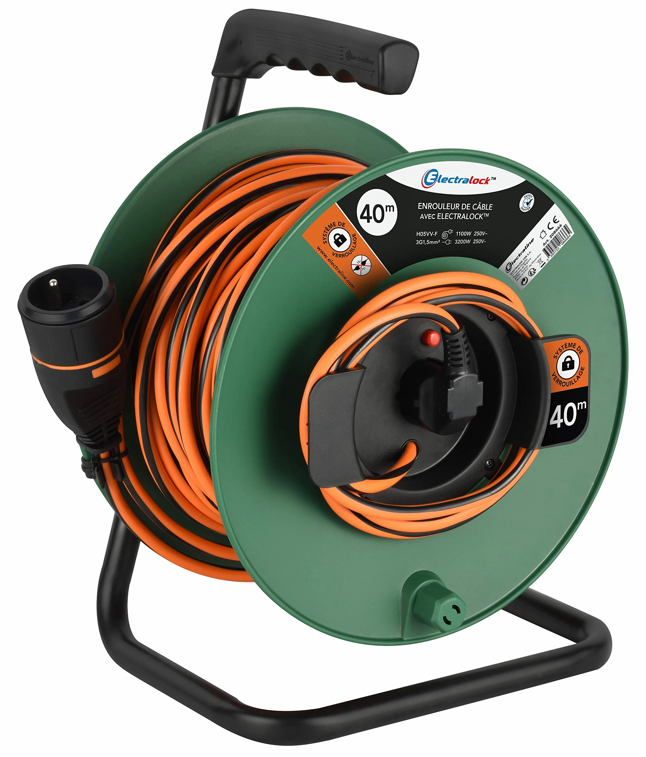 Electraline 208666 Przedłużacz ogrodowy z zwijaczem 40M 3G1.5mm Francuski Electralock wyposażony w system blokujący, który zapobiega rozłączeniu wtyczki, czarny/pomarańczowy