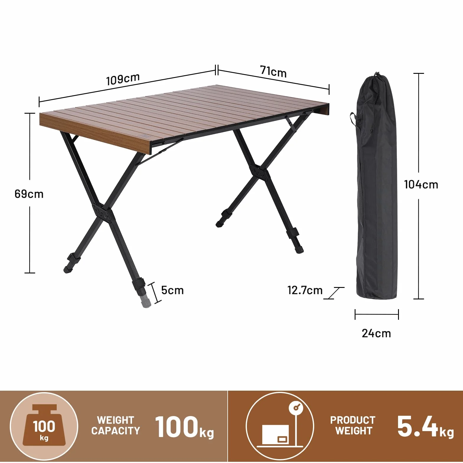 TIMBER RIDGE Składany Stół Kempingowy Aluminiowy 108 x 71 cm, Przenośny Zwijany Stół Piknikowy 1,2 m, Regulacja Wysokości, dla 4-6 Osób, do Ogrodu, na Zewnątrz, Grilla, Podwórka