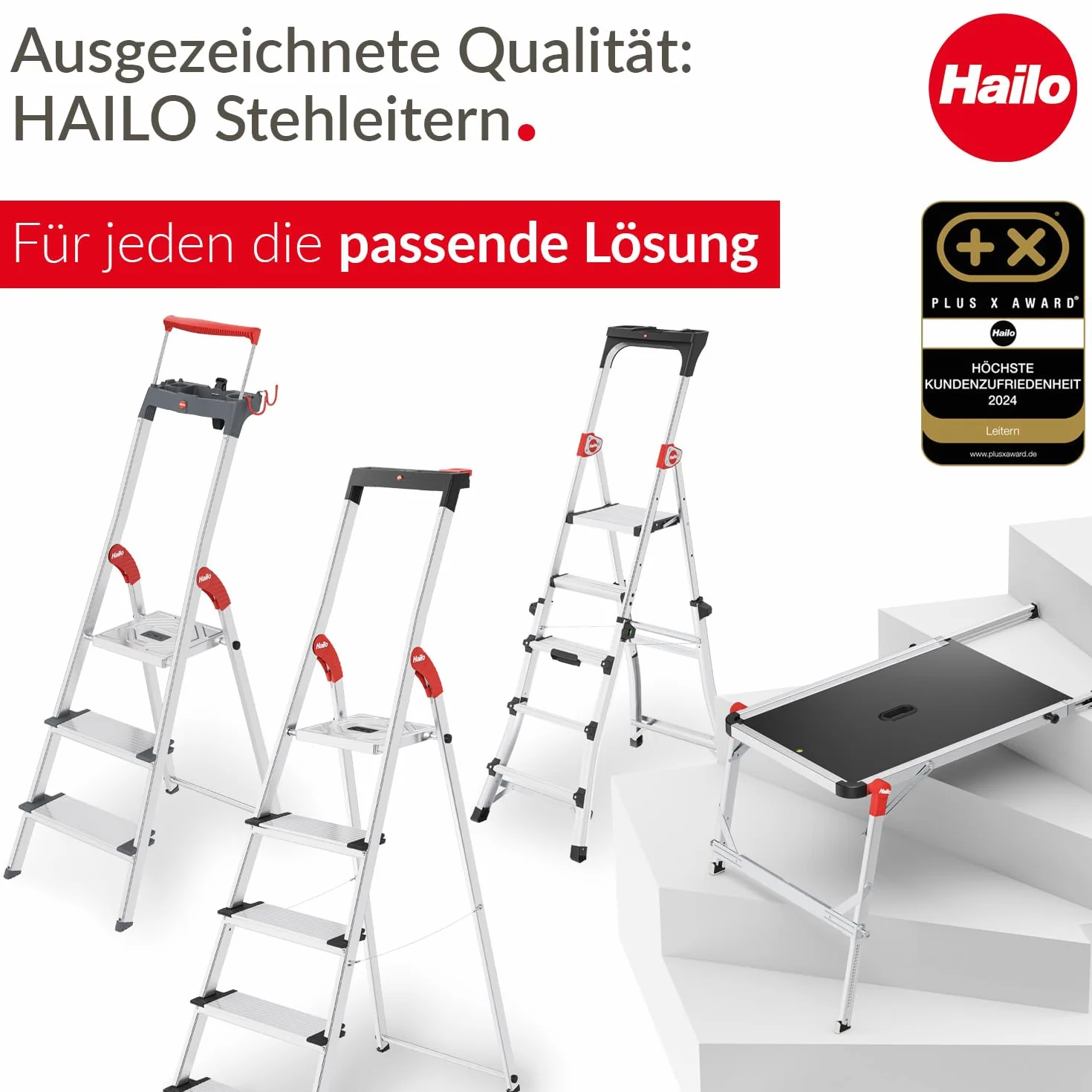 Hailo TP2 Pro platforma robocza do drabin Hailo do 4 stopni, stabilna rama aluminiowa, nośność do 150 kg, waga 9 kg, srebrna