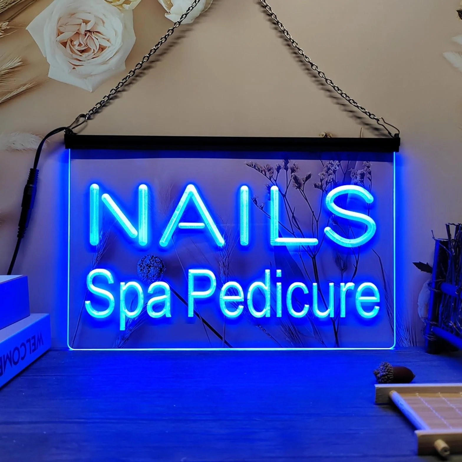 Salon kosmetyczny Neon LED szyld, włosy paznokcie pielęgnacja twarzy neony wiszące na ścianie dekoracje świetlne zasilane przez USB ze ściemniaczem, 40x30cm,Blue,D