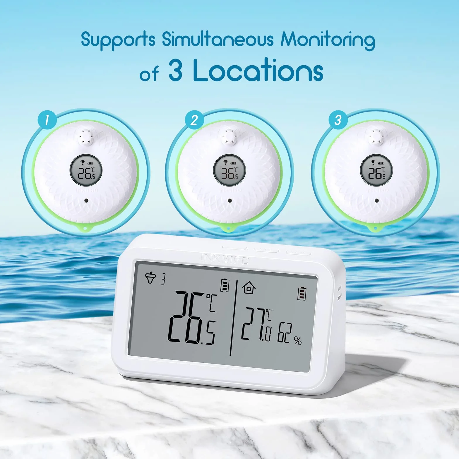 INKBIRD IBS-P02R Bezprzewodowy termometr do basenu z monitorem temperatury i wilgotności, duży ekran