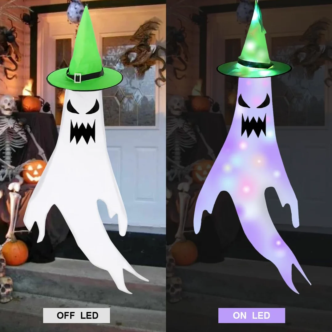 Dekoracje Halloween - Duch z Diodami LED, Wiszące Ozdoby na Zewnątrz, Impreza, Ogród, Patio, Trawnik (Czerwony+Zielony)