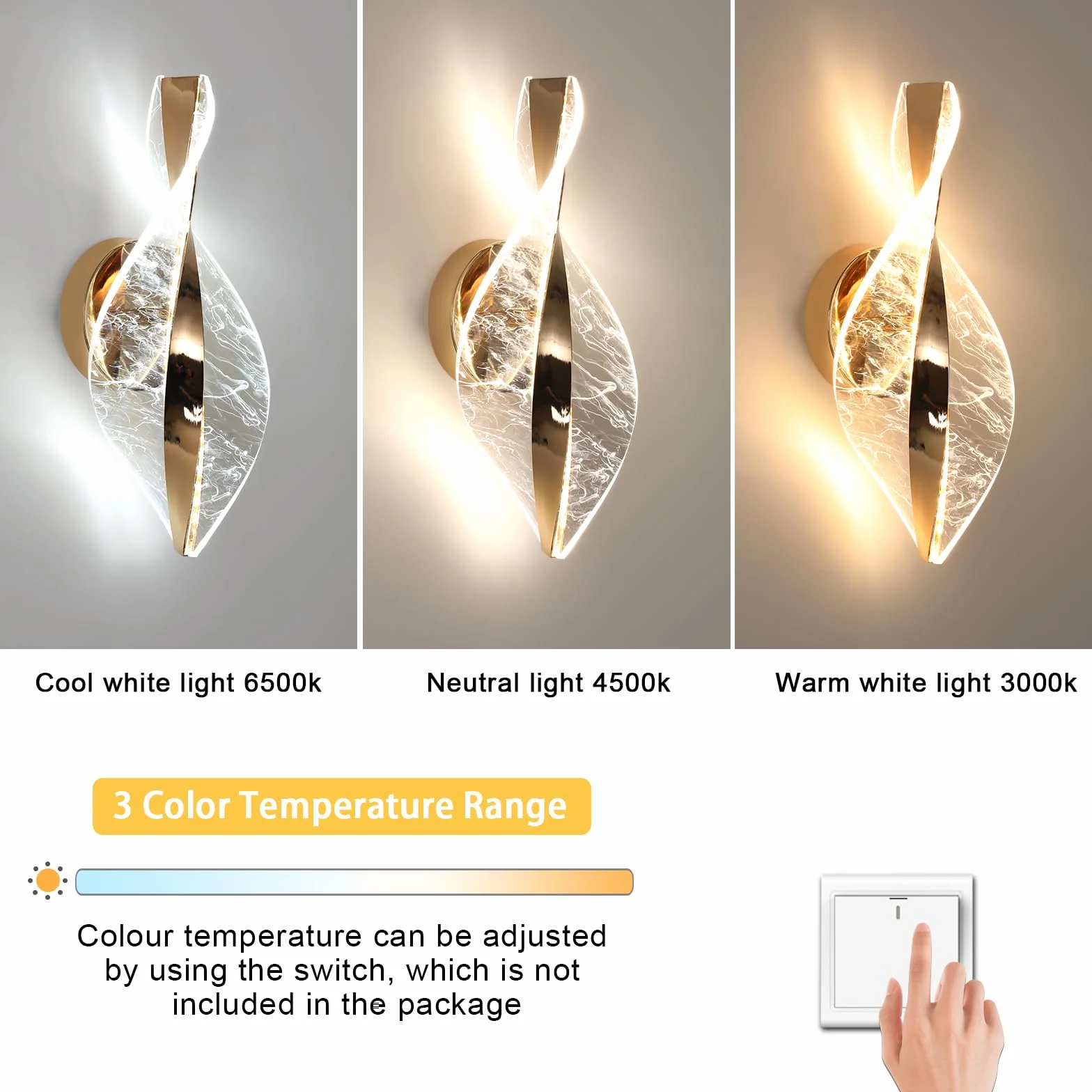 Comely Kinkiet LED, Złoty 12W 2000LM Regulowana Nowoczesna Lampa Ścienna LED, 3 Temperatury Barwowe 3000K/4500K/6500K Wewnętrzna Lampa Ścienna Do Sypialni Korytarza Salonu Sali