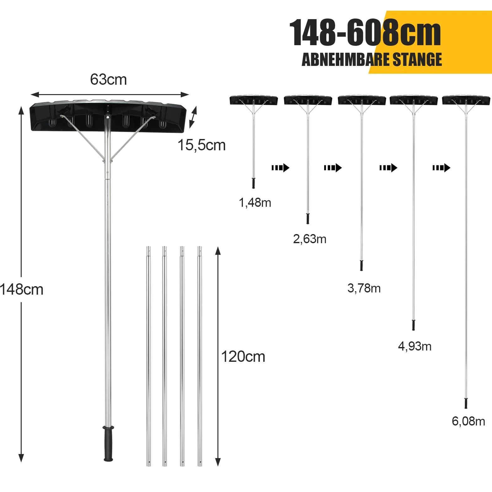 COSTWAY szufla do śniegu na dach, zakres regulacji 148-608 cm, odśnieżarka aluminiowa, szufla dachowa z antypoślizgowym uchwytem i plastikowym ostrzem, szufla do śniegu, odśnieżarka dachowa do