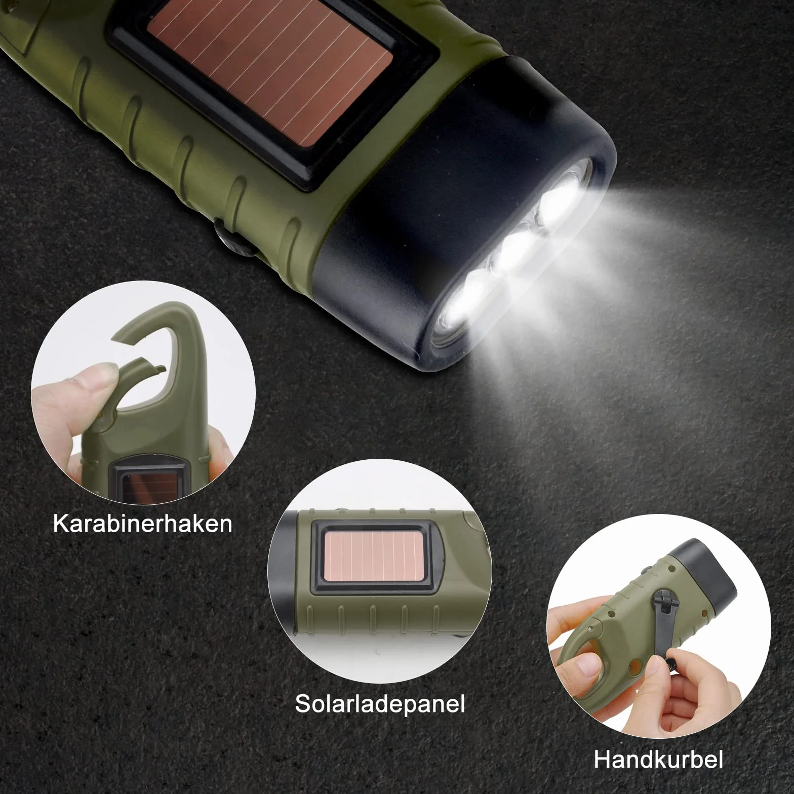 Latarka LED, 2 sztuki, solarna latarka LED, z korbą ręczną, latarka z korbą, wodoszczelna latarka z karabińczykiem do zawieszenia, na wędrówki, wyposażenie awaryjne