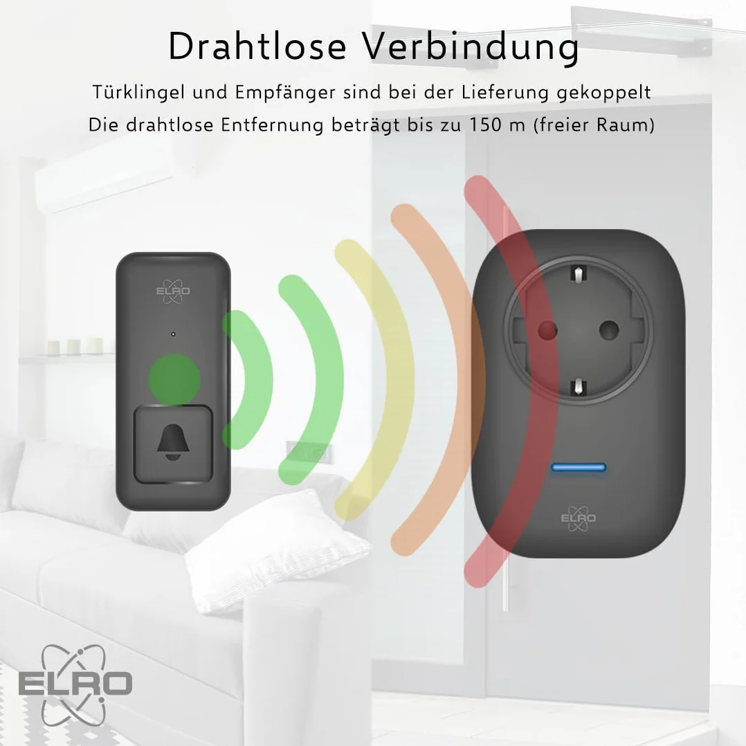 ELRO DB4000 Kinetic bezprzewodowy zestaw dzwonków do drzwi, z 2 odbiornikami wtykowymi z gniazdkiem, nie wymaga baterii, 150 metrów