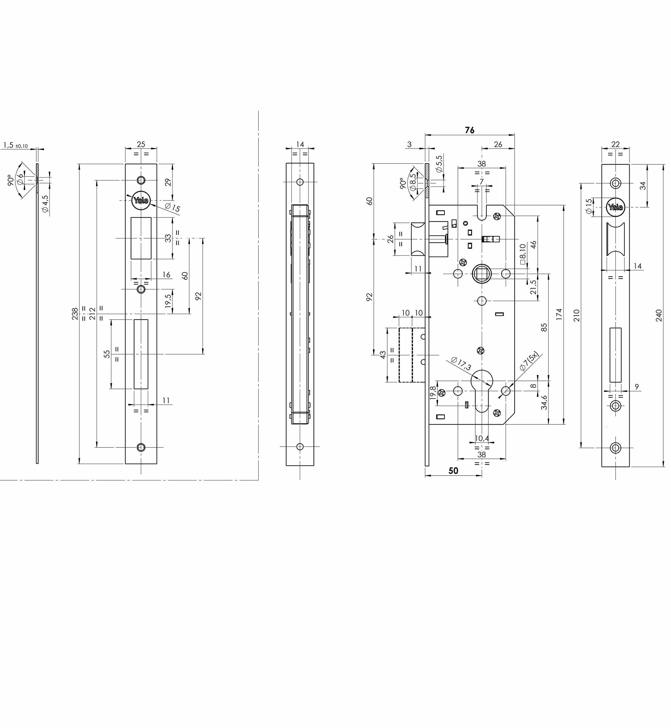 YALE Y52X00500S2 zamek do wsuwania drzwi drewnianych z kwadratową krawędzią, wejście 50 mm, rozstaw osi 85 mm, niklowany satynowany