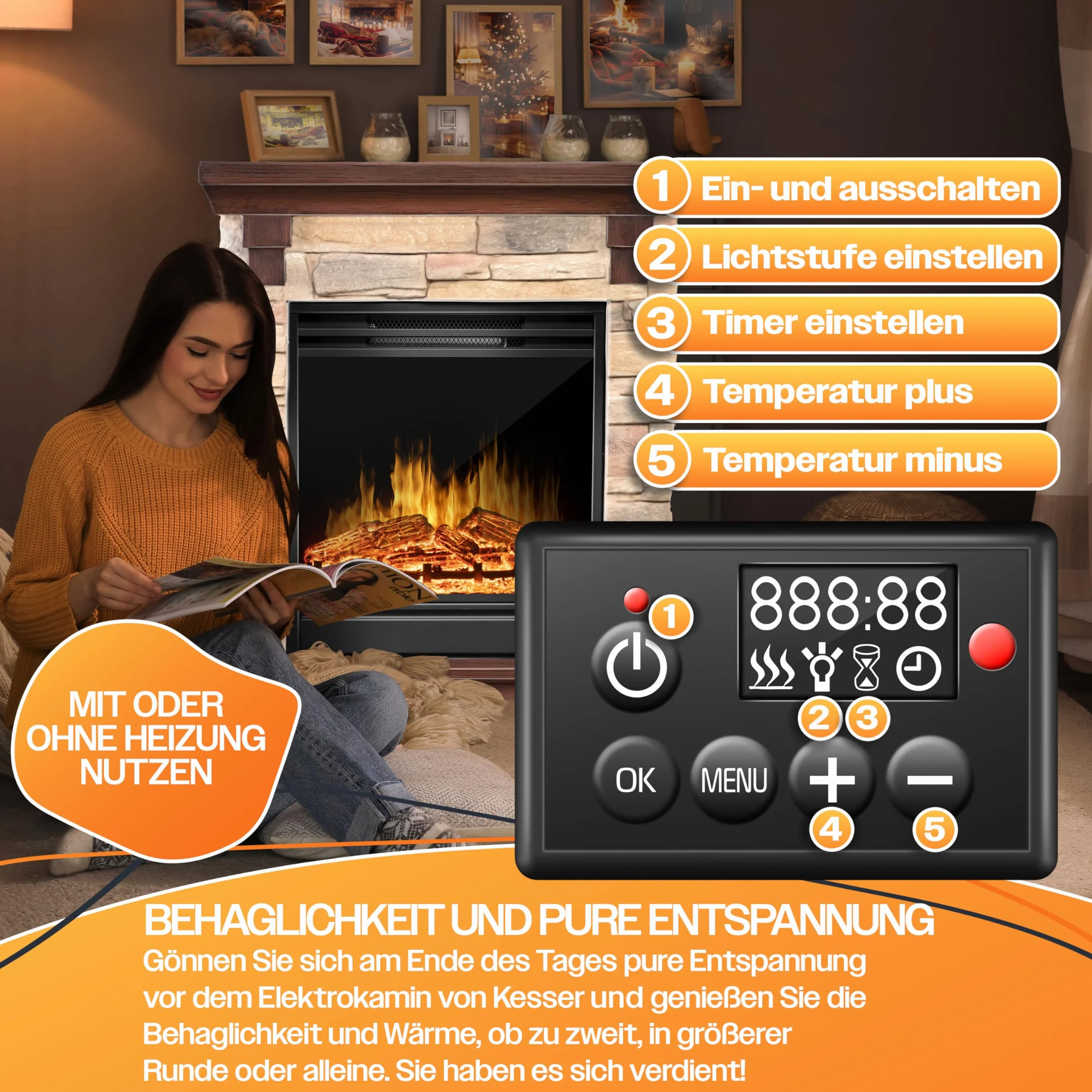 KESSER® Kominek elektryczny, stojący, z efektem płomienia LED 3D, z funkcją ogrzewania, przyciemniania, kominek elektryczny o mocy 1800 W, timer, termostat, pilot zdalnego sterowania, naturalny/ brąz