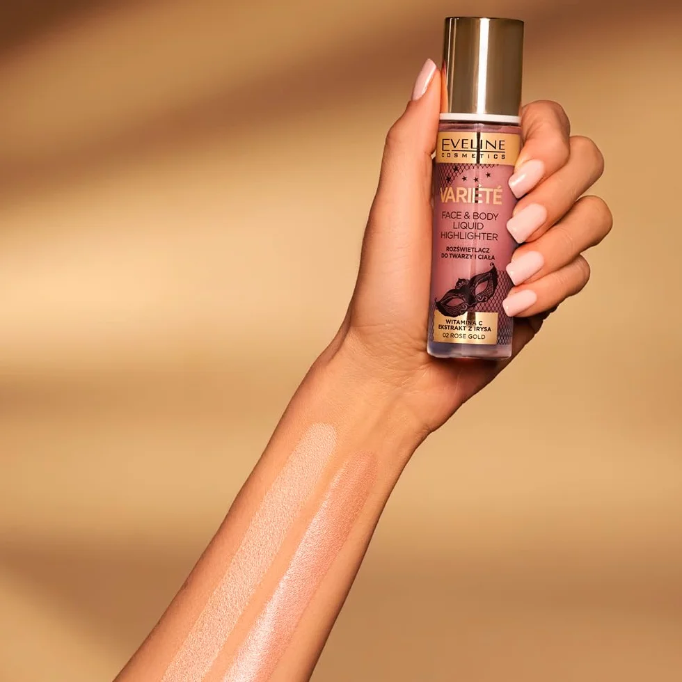 Eveline Cosmetics Varit płynny rozświetlacz do twarzy i ciała – nr 01 Champagne Gold | wszechstronna formuła na policzki, oczy, usta i ciało | wzbogacony witaminą C i wyciągiem z irysa