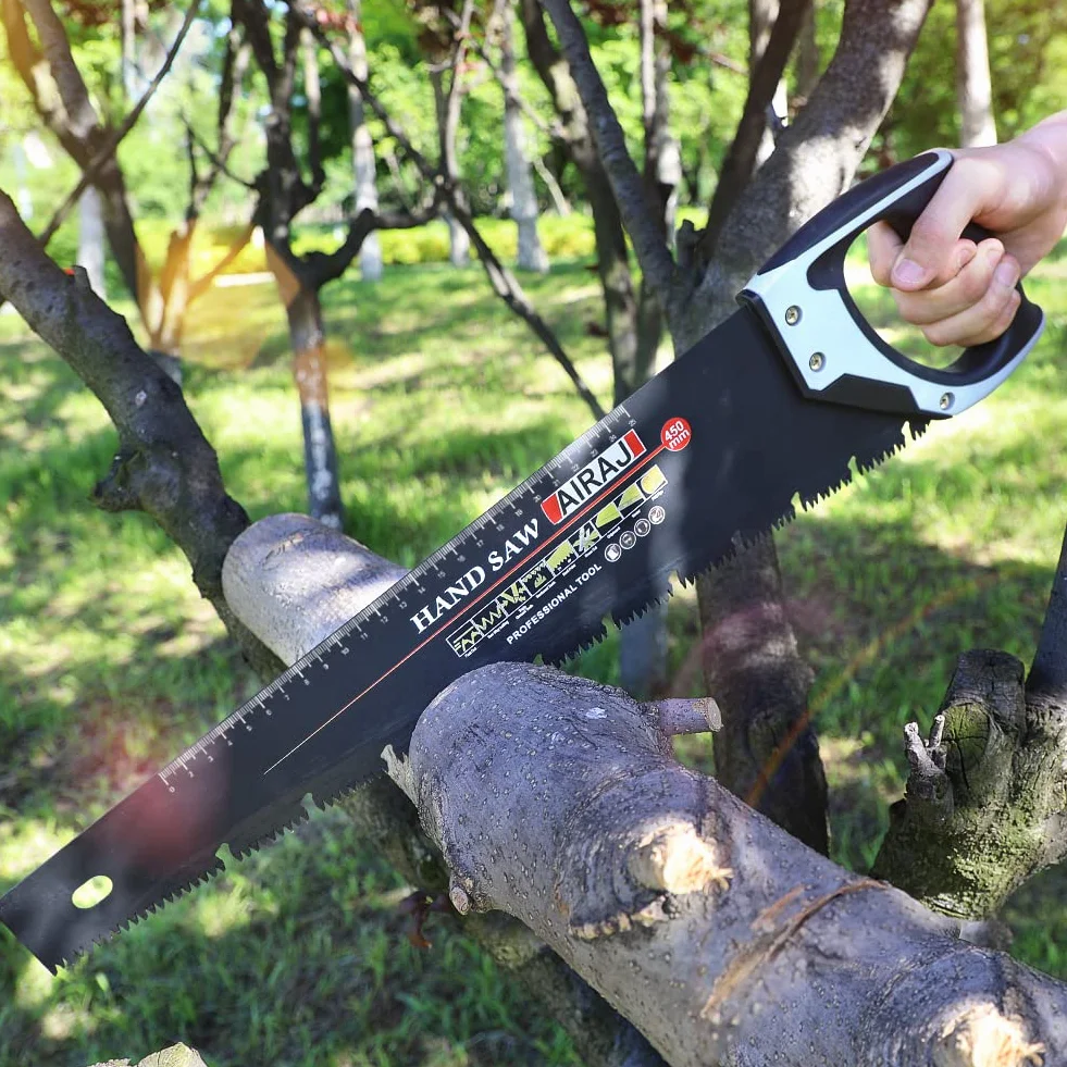 AIRAJ Profesjonalna piła ręczna 450 mm z ogranicznikiem 45° i 90°, wygodna, ergonomiczna rękojeść antypoślizgowa, uniwersalna, idealna do cięcia gałęzi ogrodowych, desek drewnianych i płyt prasowanych