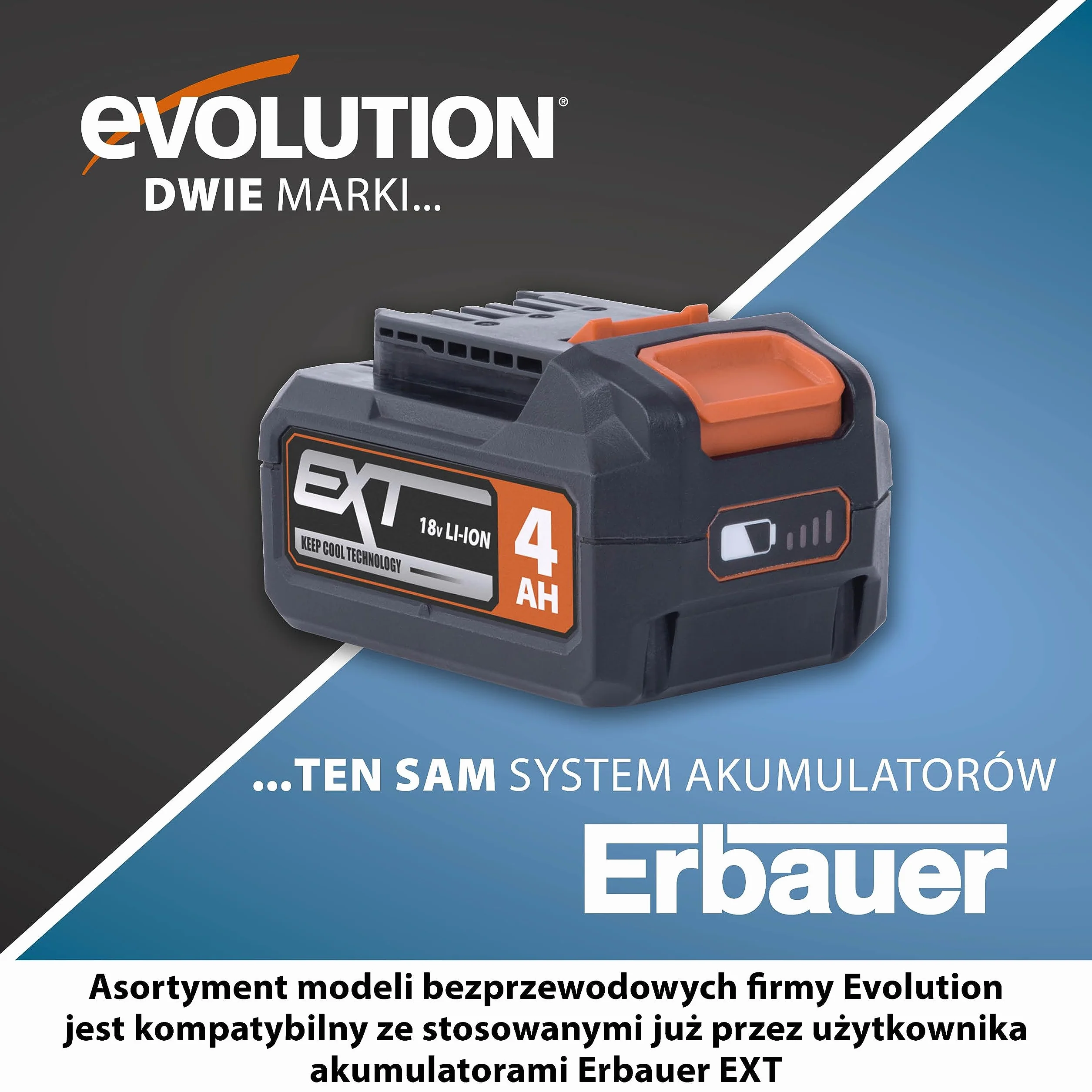 Evolution Power Tools Akumulator litowo-jonowy Li-Ion do narzędzi bezprzewodowych, kompatybilny ze wszystkimi narzędziami akumulatorowymi Evolution i Erbauer EXT, ładowarka do nabycia osobno 18 V 4 Ah