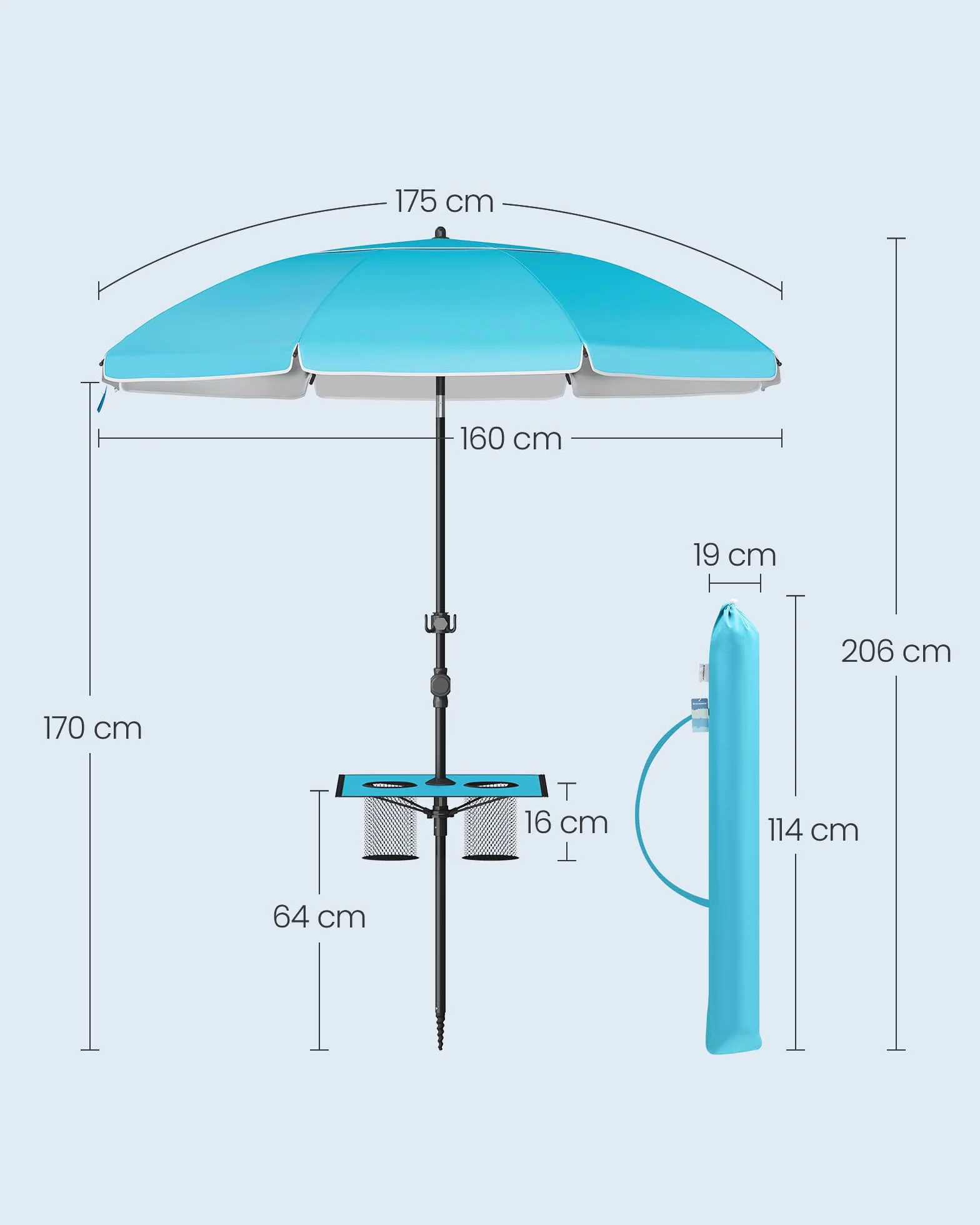 SONGMICS Parasol Plażowy 160 cm UPF 50+ Składany 30° Niebieski