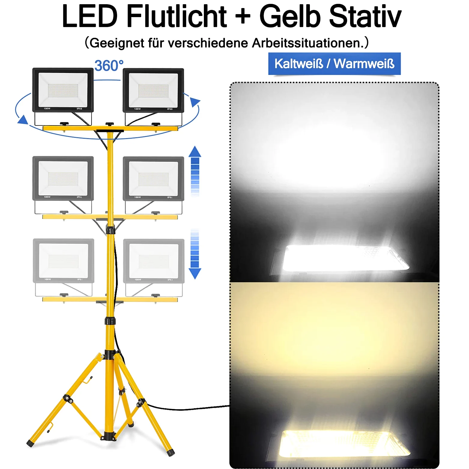 Reflektor budowlany LED, 200 W, ciepła biel, ze statywem o regulowanej wysokości, lampa robocza LED, w zestawie kabel sieciowy, wodoszczelność IP66, reflektor postojowy, reflektor roboczy na