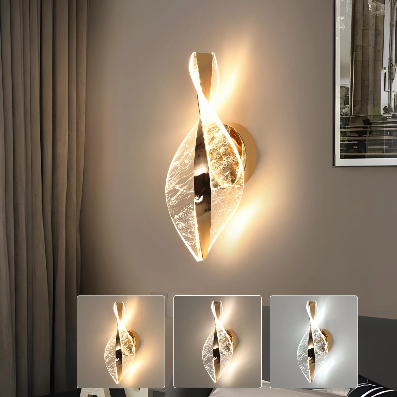 Comely Kinkiet LED, Złoty 12W 2000LM Regulowana Nowoczesna Lampa Ścienna LED, 3 Temperatury Barwowe 3000K/4500K/6500K Wewnętrzna Lampa Ścienna Do Sypialni Korytarza Salonu Sali