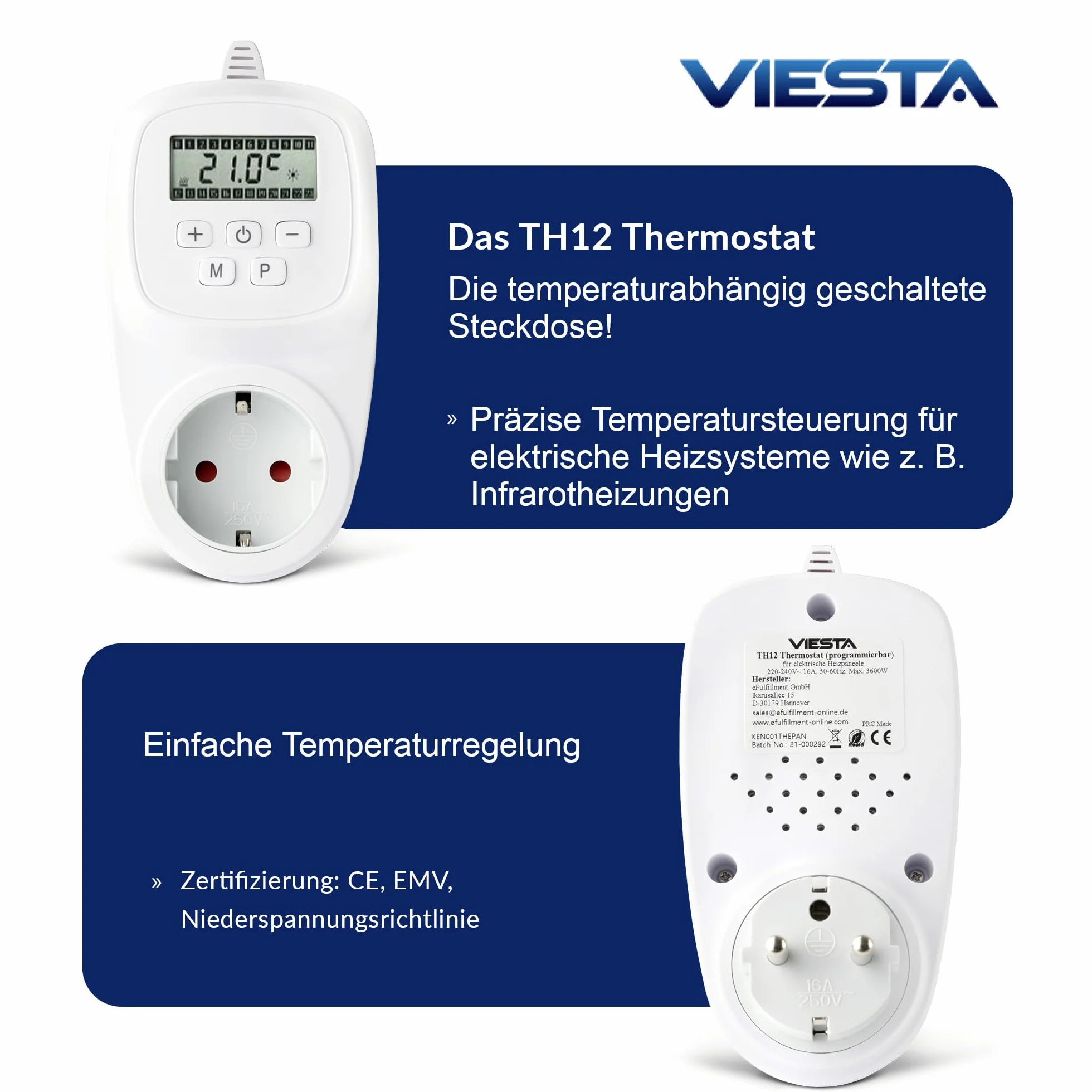 VIESTA® TH12 termostat gniazdkowy, programowalny, 7 dni, 230 V / 16 A / 3600 W, 5–35°C, 0,5°C, wyświetlacz LCD, pamięć EEPROM, ochrona przed zamarzaniem, do ogrzewania elektrycznego, paneli grzewczych