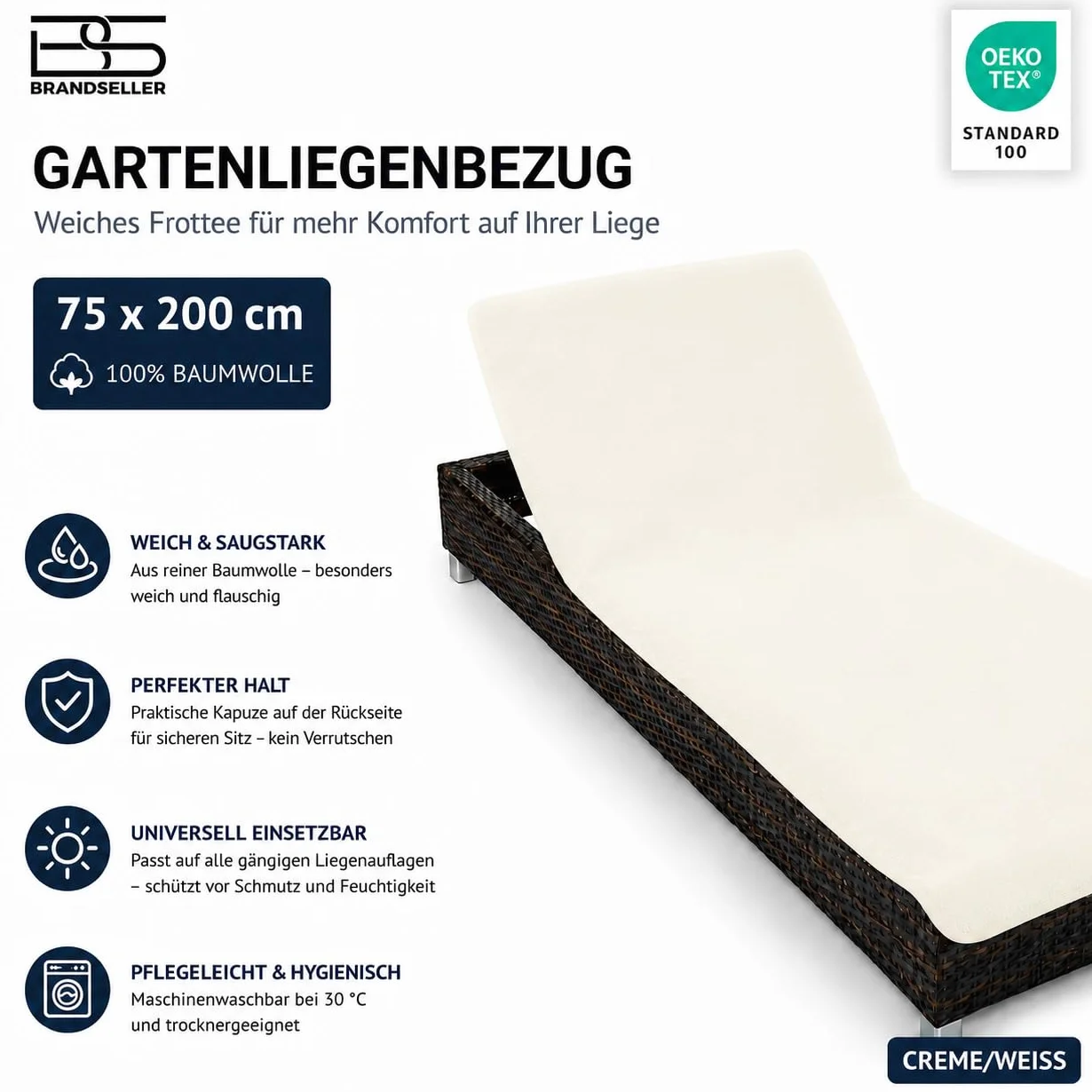 Brandsseller Pokrowiec ochronny na leżak ogrodowy 75 x 200 cm biały