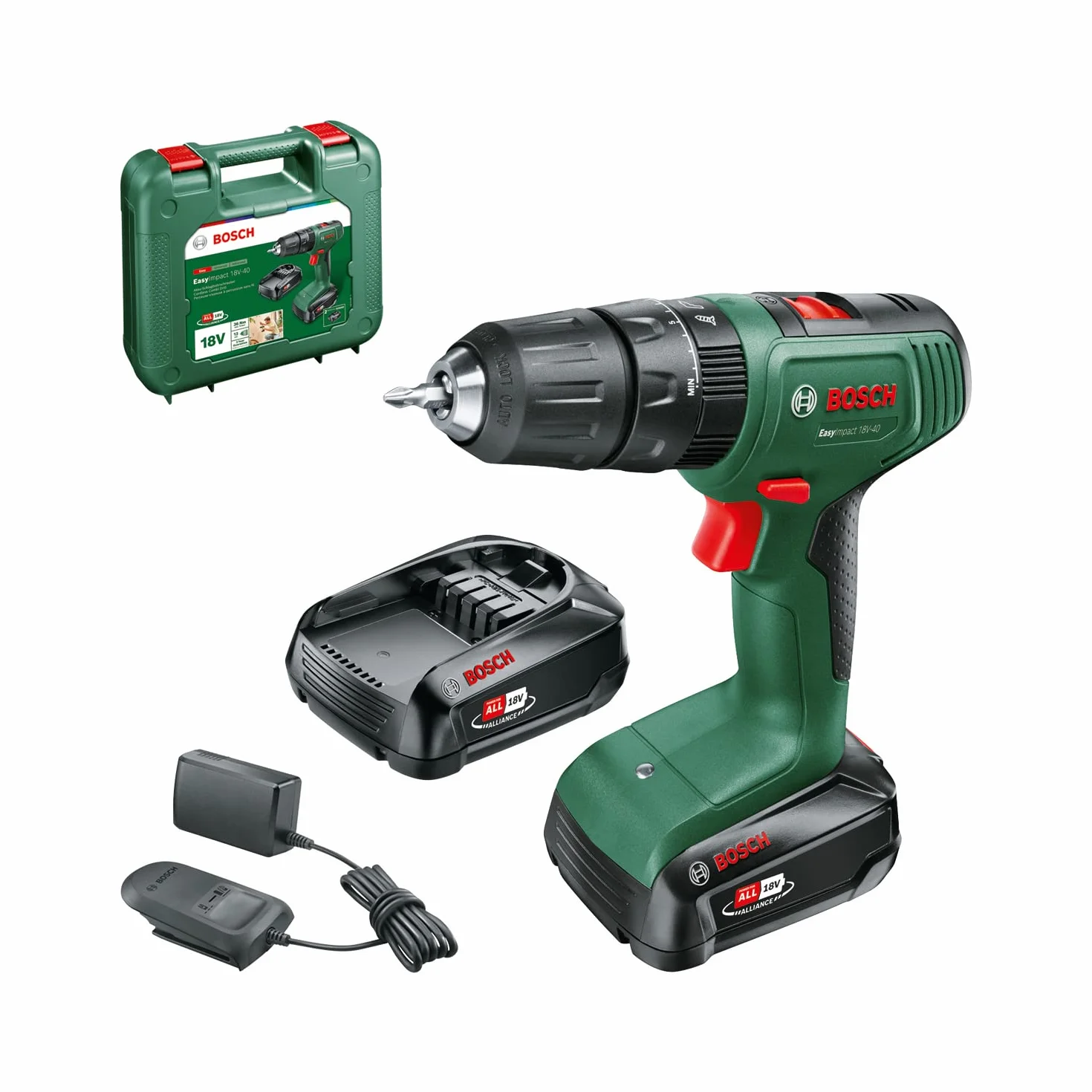 Bosch Home and Garden Akumulatorowa Wiertarka Udarowa Bosch EasyImpact 18V-40, 2 Akumulatory 2 Ah, System 18V, Walizka