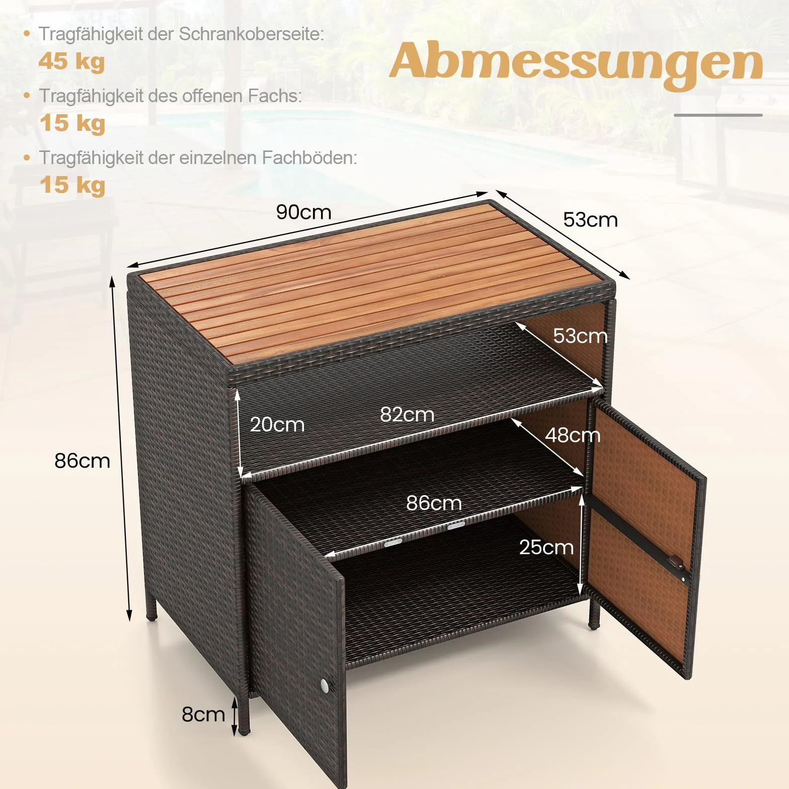COSTWAY Szafka ogrodowa rattanowa z blatem roboczym z drewna akacjowego 90x53x86