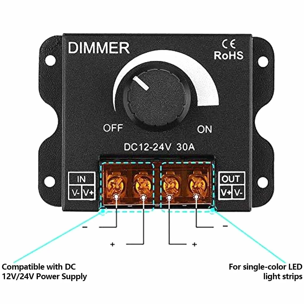 Taśma LED ściemniacz, DC 12 V-24 V 30 A PWM regulator ściemniania, z przyciskiem wł./wył. do regulacji jasności, ściemniacz LED, aluminiowa obudowa, pasuje do taśm świetlnych LED 5050 3528