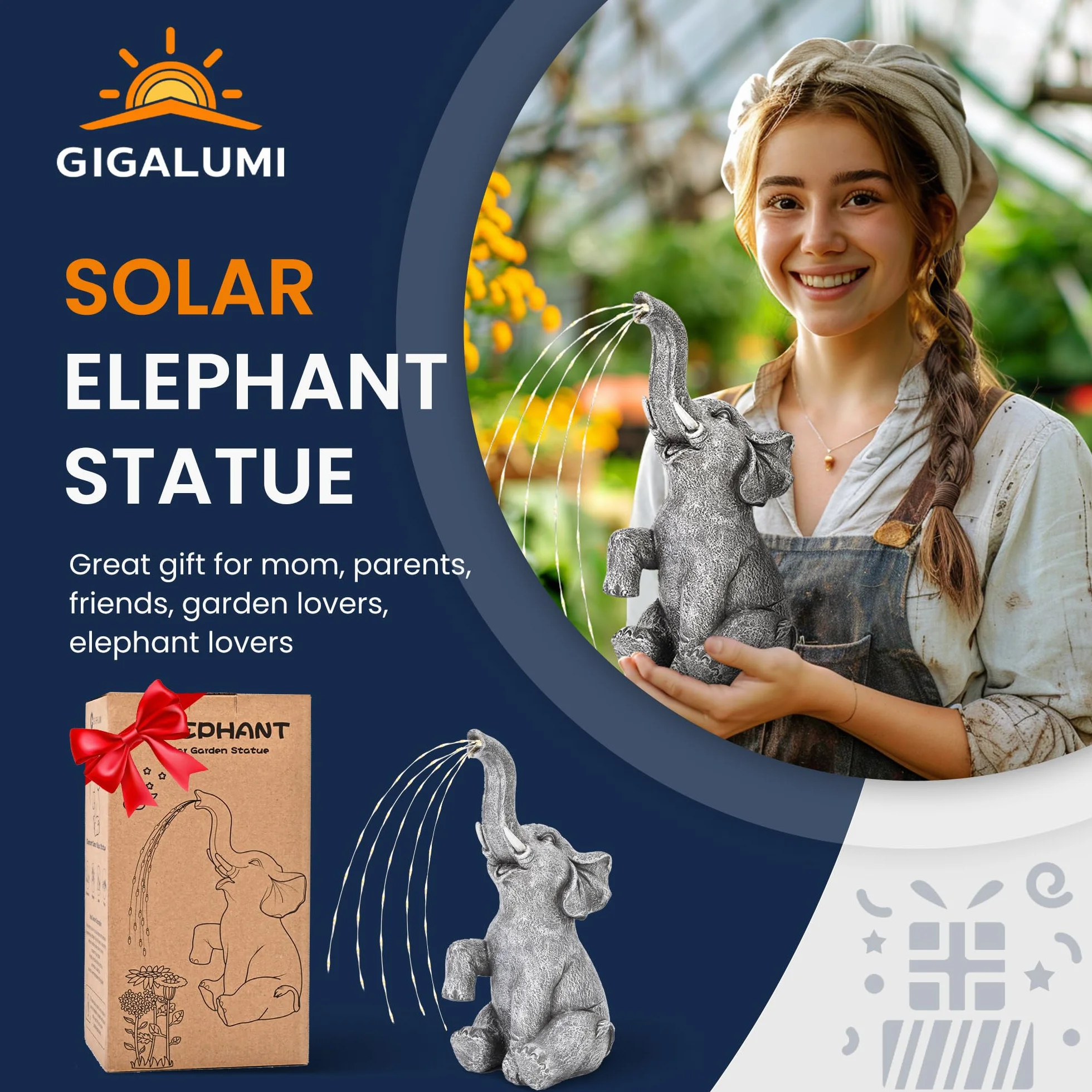 GIGALUMI Statuetka słonia dekoracja ogrodowa zasilana energią słoneczną 27 cm