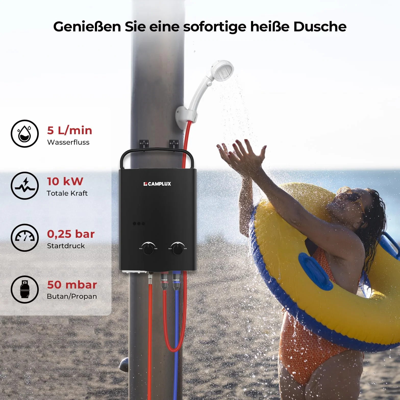 Camplux AY132B-DE bezzbiornikowy podgrzewacz wody 50 mbar, 5 litrów LPG z przenośnym uchwytem, 10 kW, propan lub butan, do prysznica kempingowego