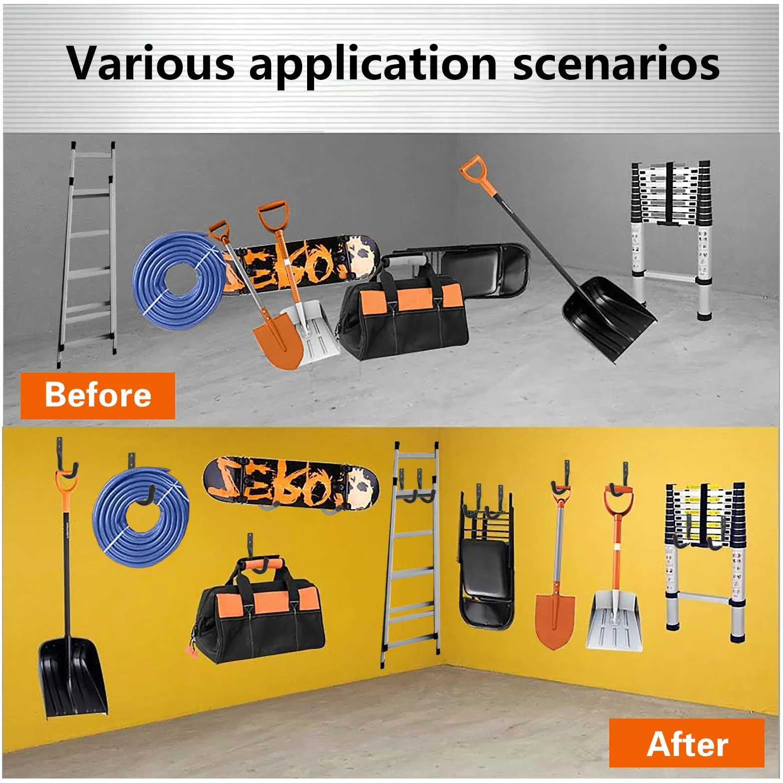 6 sztuk haków ściennych do garażu, do montażu na ścianie, do montażu na ścianie, do węży rowerowych, narzędzi, drabiny, do przykręcania