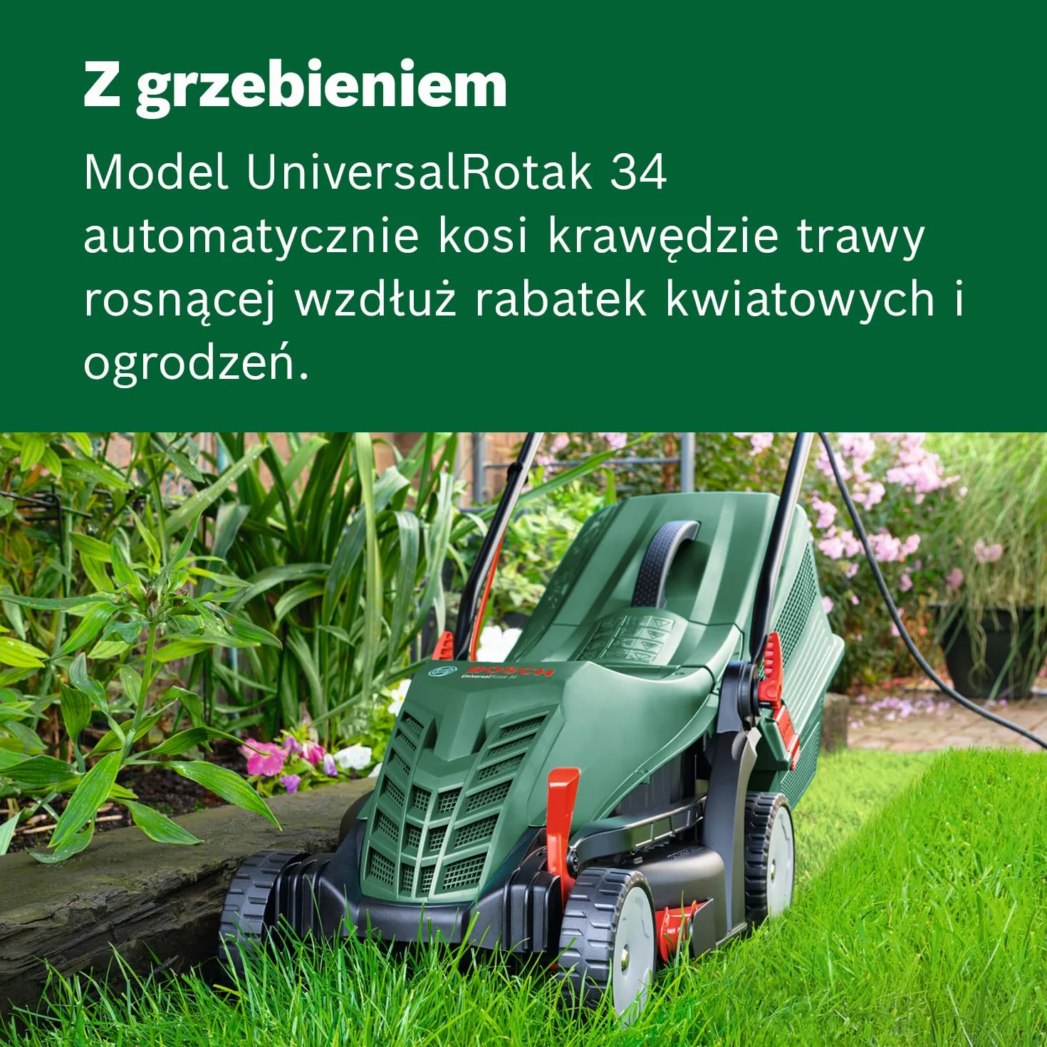 Bosch Kosiarka sieciowa UniversalRotak 34-405 (silnik 1 300 W, szerokość cięcia: 34 cm, zbiornik na trawę 40 l, do równomiernego koszenia trawników oraz do precyzyjnego koszenia przy krawędziach)