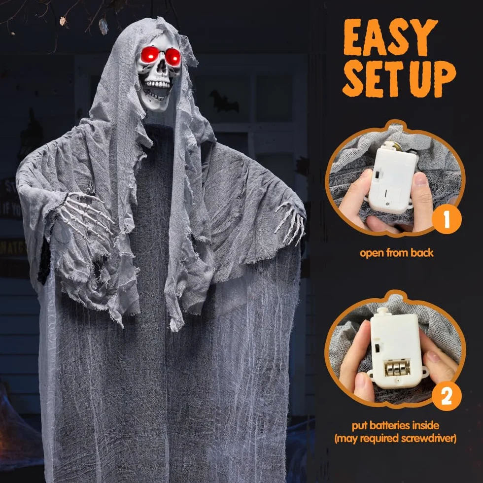 JOYIN wiszący podświetlany ponury żniwiarz 170 cm dekoracja zewnętrzna halloweenowa