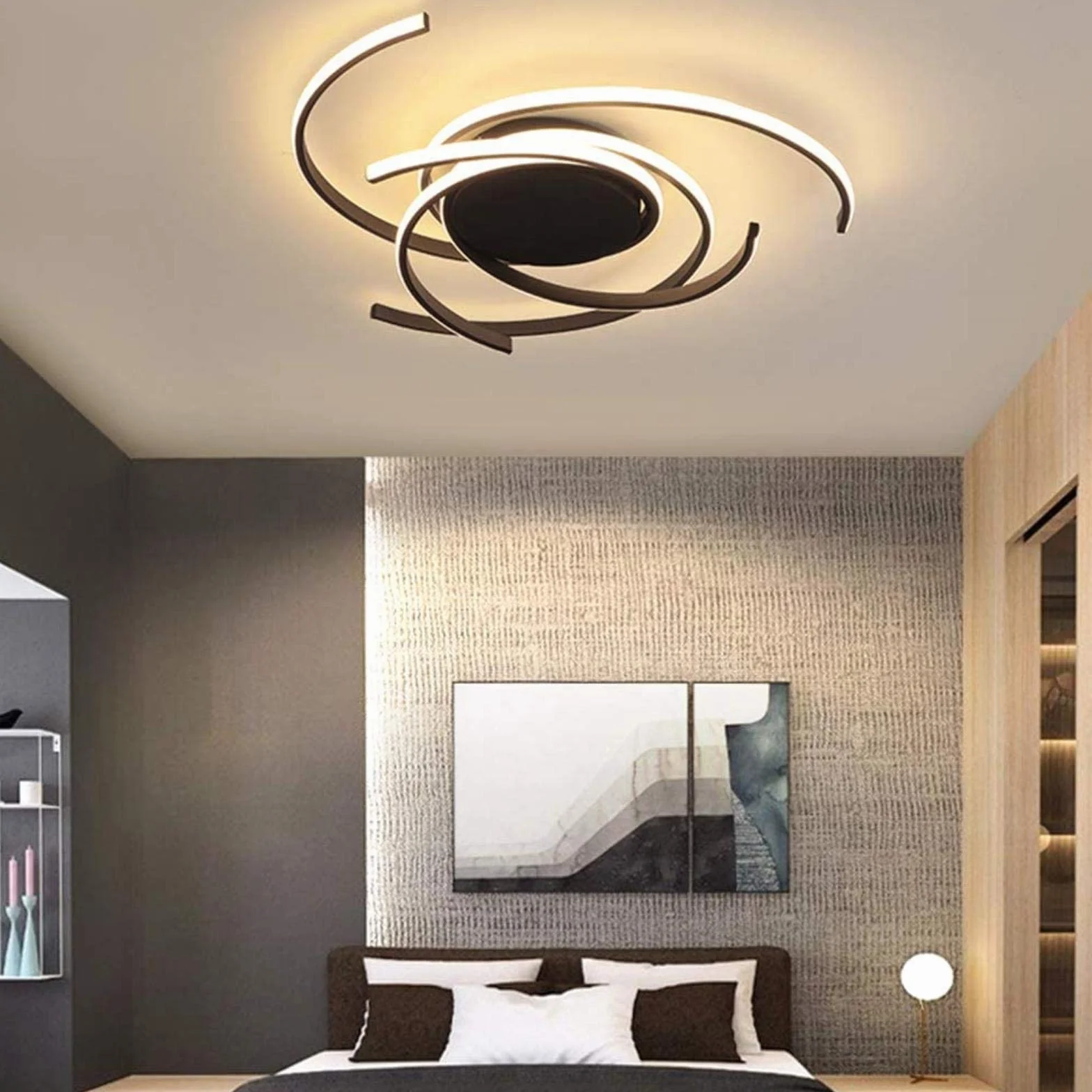 Nowoczesna lampa sufitowa LED z pilotem zdalnego sterowania, lampa do jadalni, kreatywna spirala w kształcie kwiatu, metal, akryl, sufit, żyrandol, oświetlenie, czarna