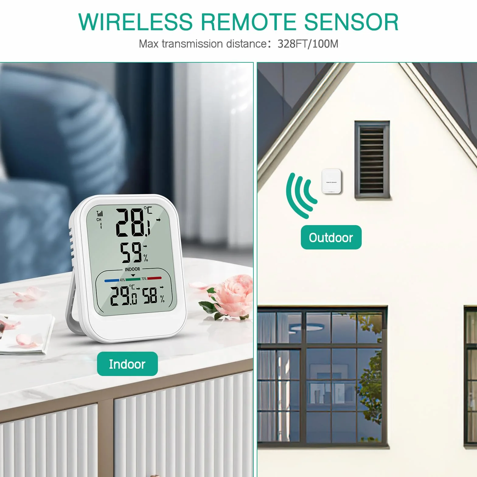Oria Cyfrowy termometr, higrometr, wewnętrzny/zewnętrzny termometr z bezprzewodowym czujnikiem, 3-calowy ekran LCD, MAX/MIN (24h/48h/cały czas), ℃/℉, monitor temperatury i wilgotności do domu i biura