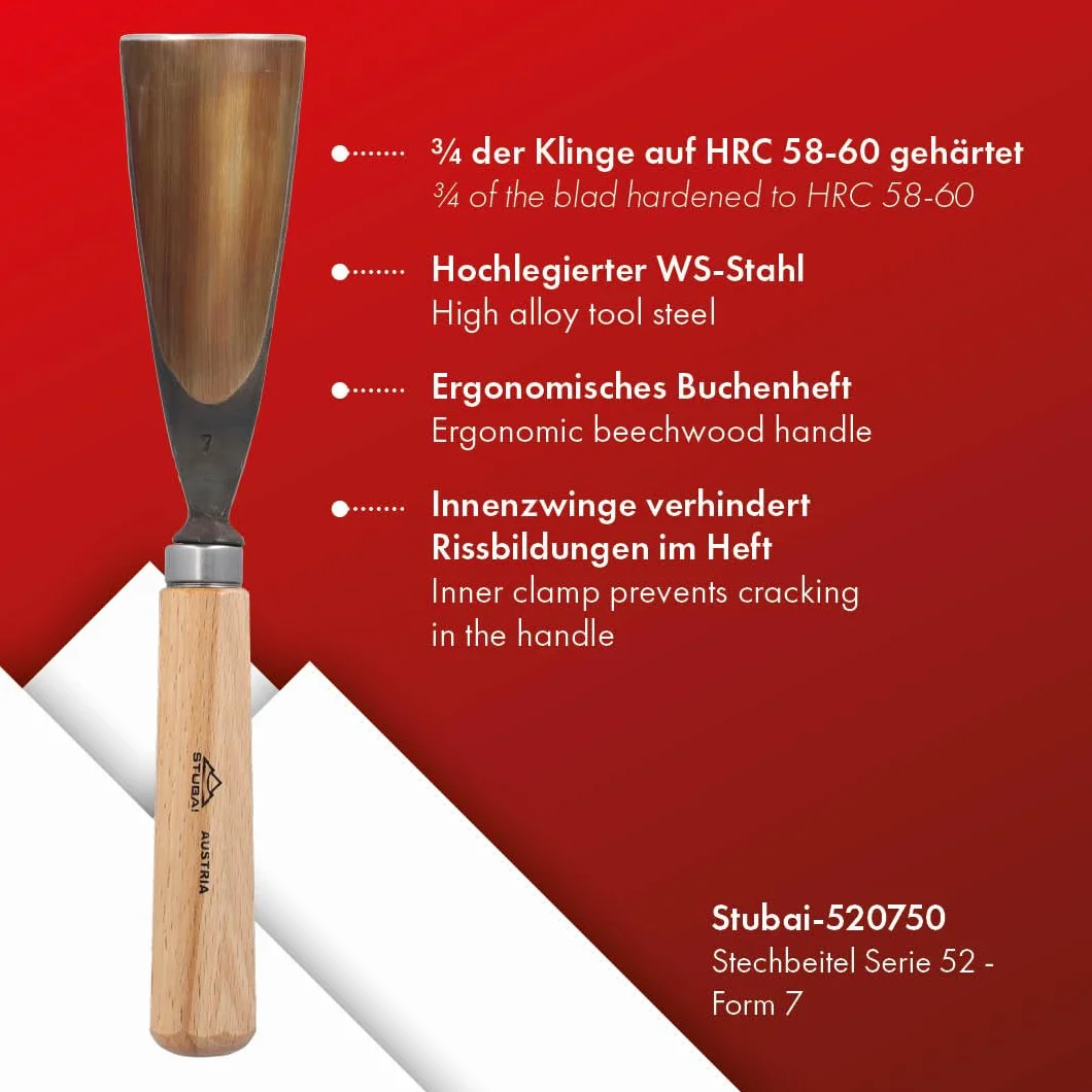 Stubai 520750 Typ 7 Dłuto do rzeźbienia w drewnie z drewnianym uchwytem, złoty/beżowy, 50 mm