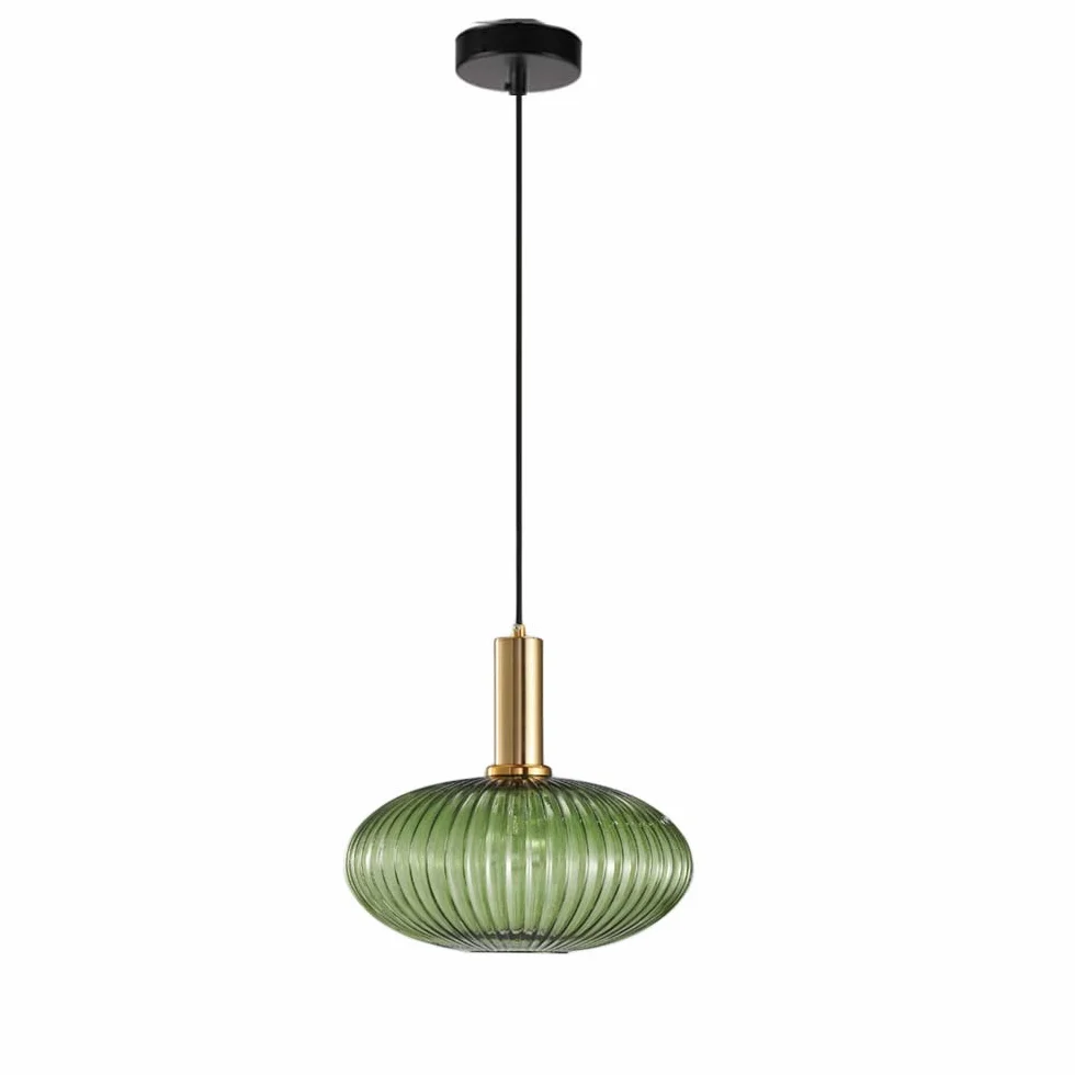 Nowoczesny Żyrandol, Złoto-Miedziane Lampa Wisząca z Zielonym Szklanym Kloszem, Lampa Wisząca LED