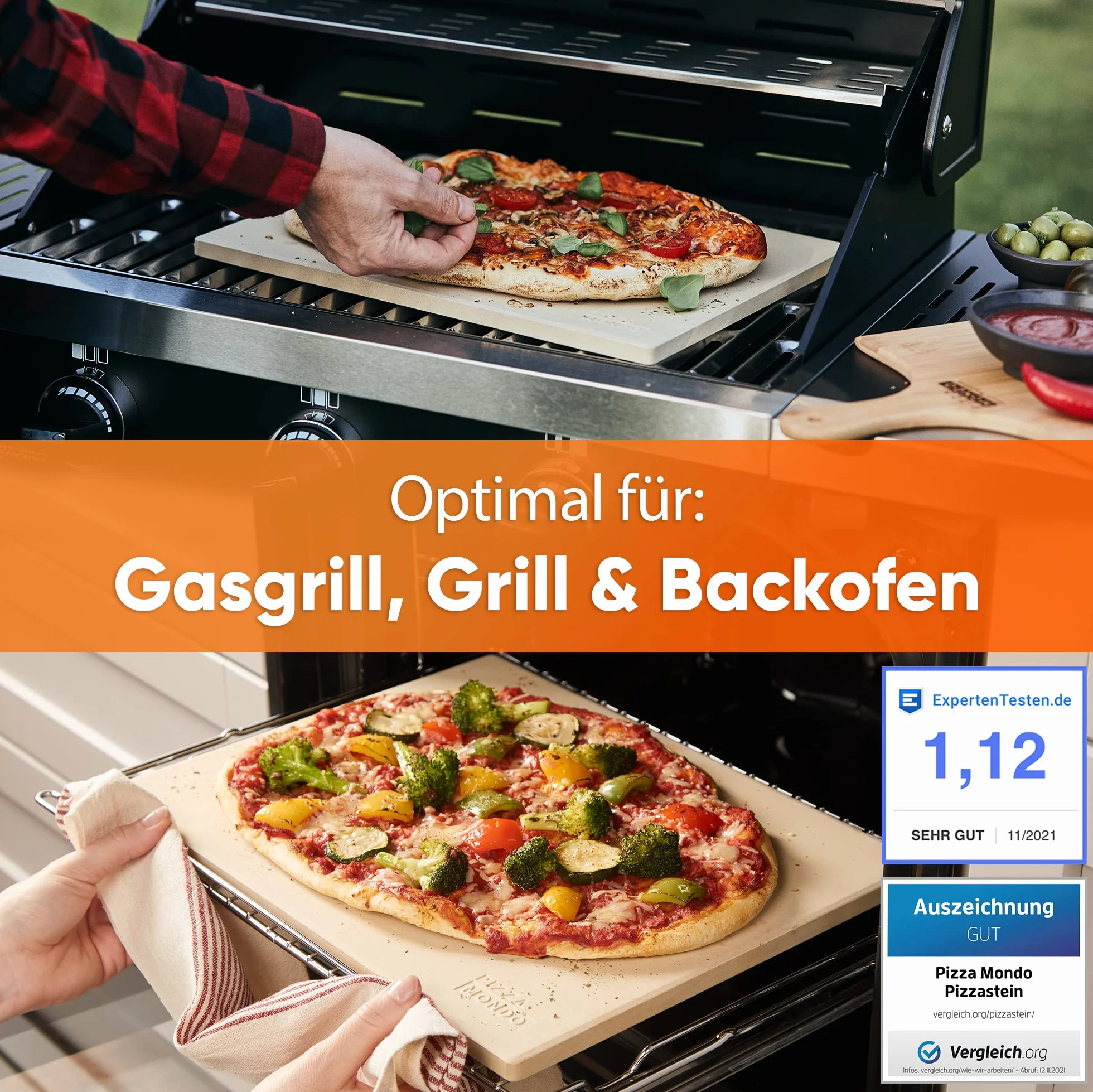 Pizza Mondo® kamień do pizzy do piekarnika, grilla i grilla gazowego (w zestawie łopatka do pizzy i książka z przepisami), oryginalny piecyk do pizzy dzięki najlepszej jakości – kamień do pieczenia prostokątny 1,5 cm