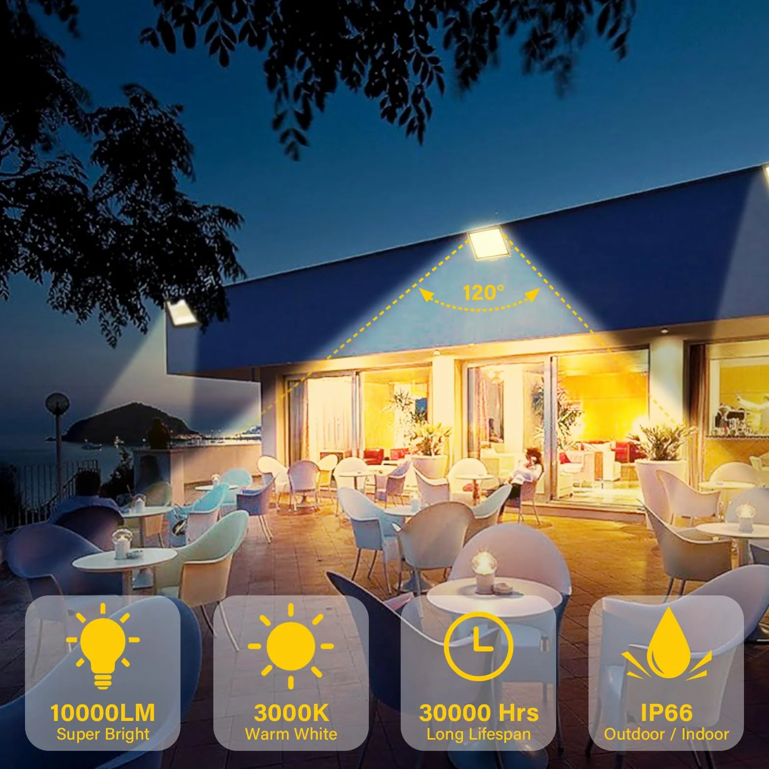 RIGIDON Zewnętrzny reflektor Led z gniazdkiem, 1 x 1000 W 10000LM IP66, wodoodporna lampa punktowa Led do patio, garażu, tarasu, ogrodu, na ścianę, 3000 K, ciepła biel