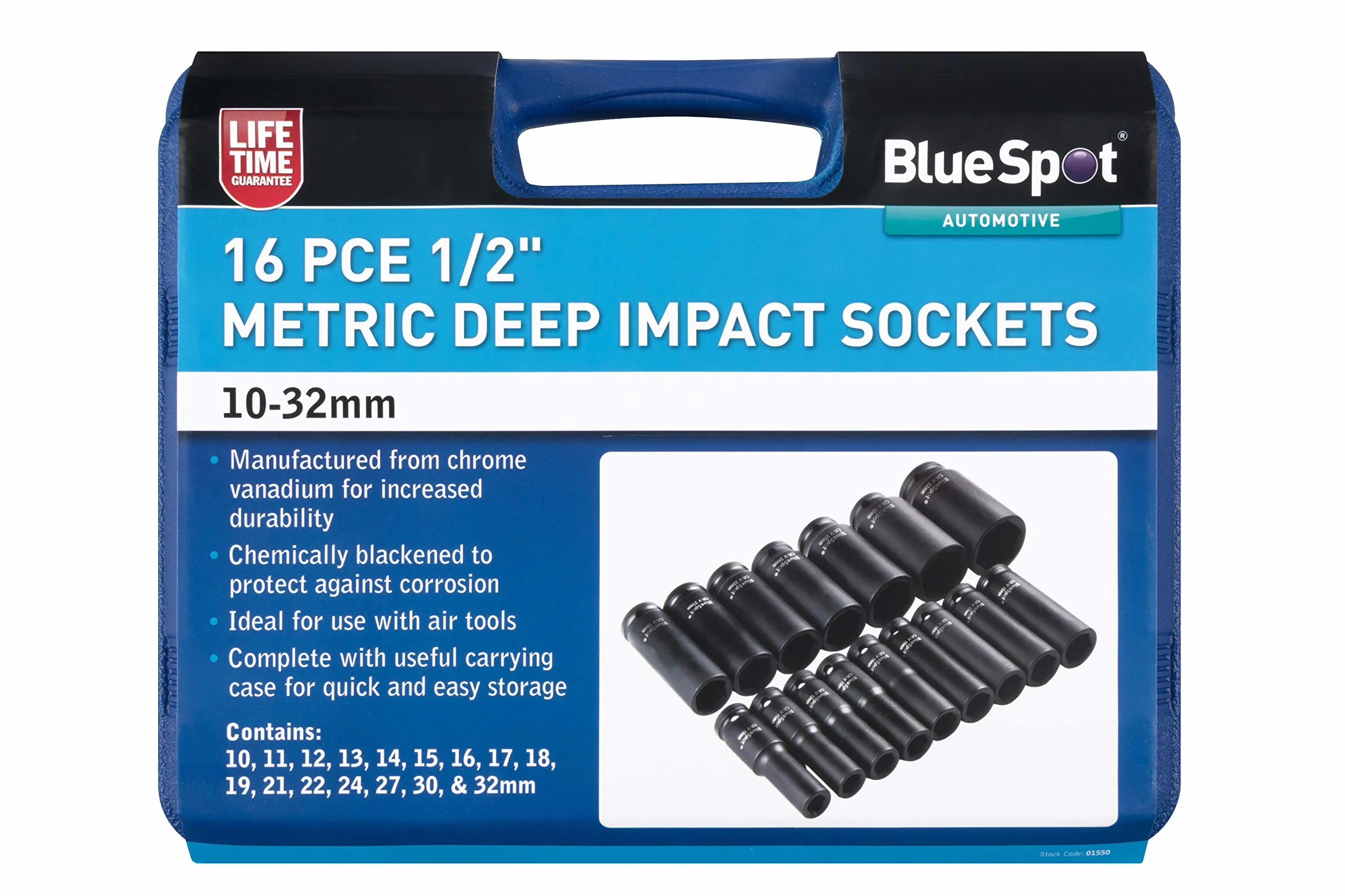 Blue Spot Tools 01550 16PCE 1/2" metryczne gniazda głębokiego udaru (10-32 mm)