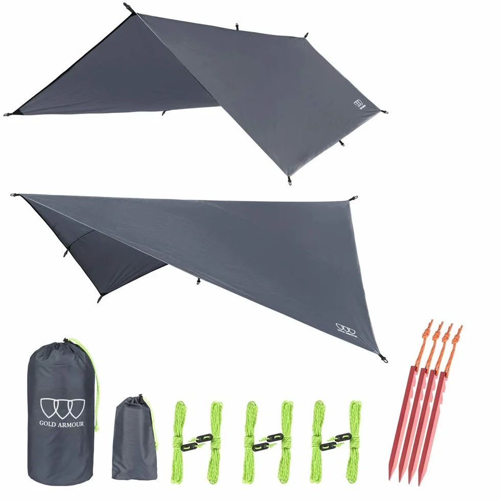 Gold Armour Rainfly Tarp do hamaka, wysokiej jakości osłona przeciwdeszczowa 4,5 m/ 3,5 m/ 3 m/ 2,5 m, wodoodporny, ultralekki sprzęt survivalowy i akcesoria do namiotu (szary, 3,5 × 3 m)