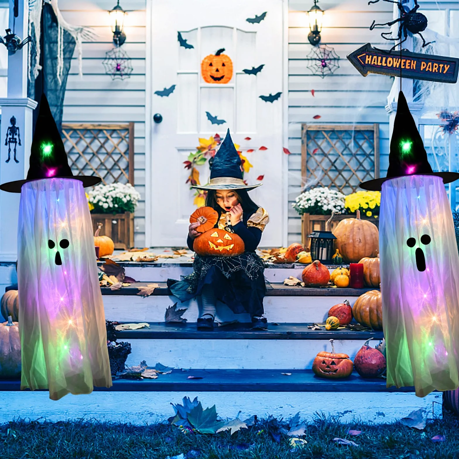 Halloween wiszące dekoracje świecący kapelusz ducha LED