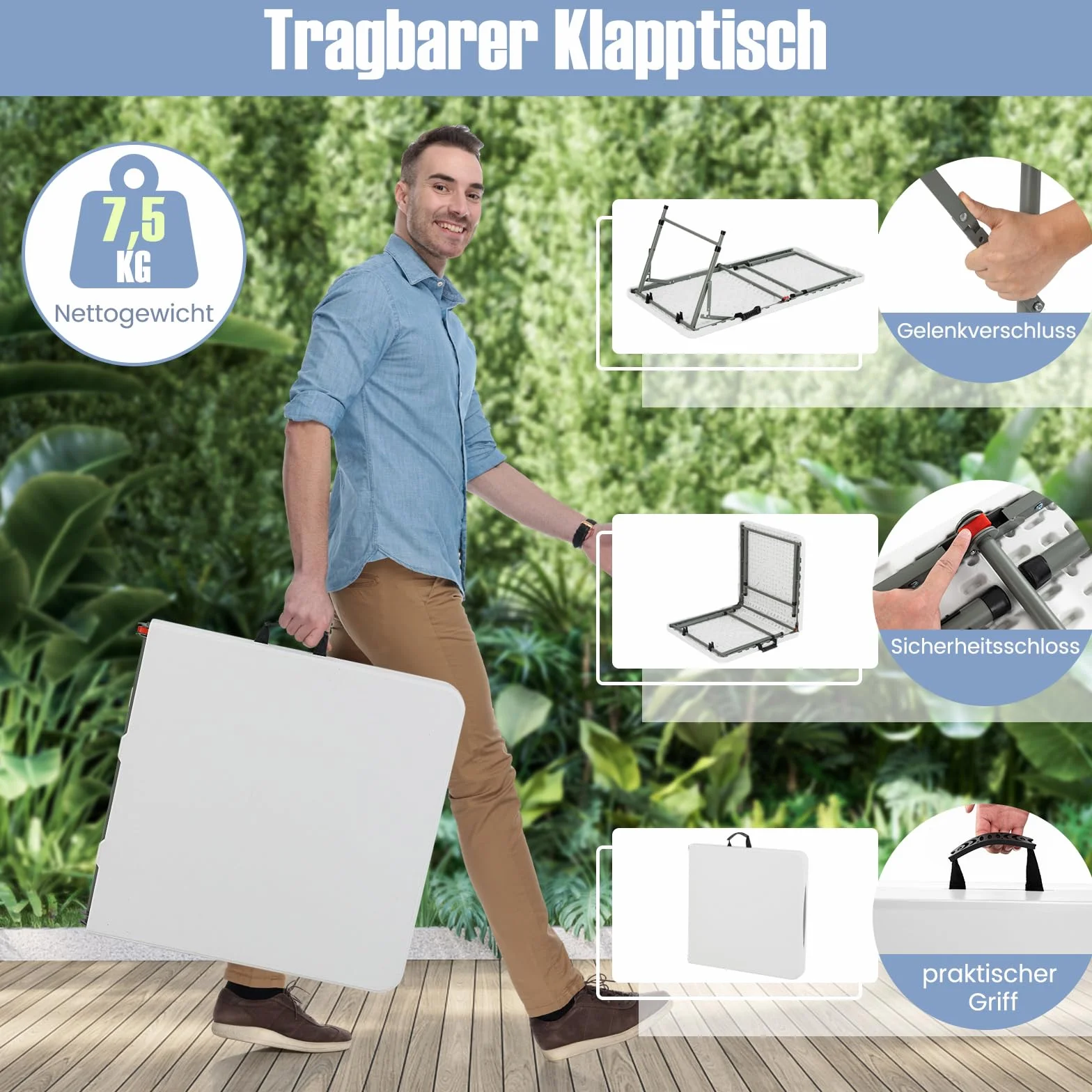 COSTWAY Stół kempingowy składany z regulacją wysokości, blat HDPE, 122 x 61 x 75 cm