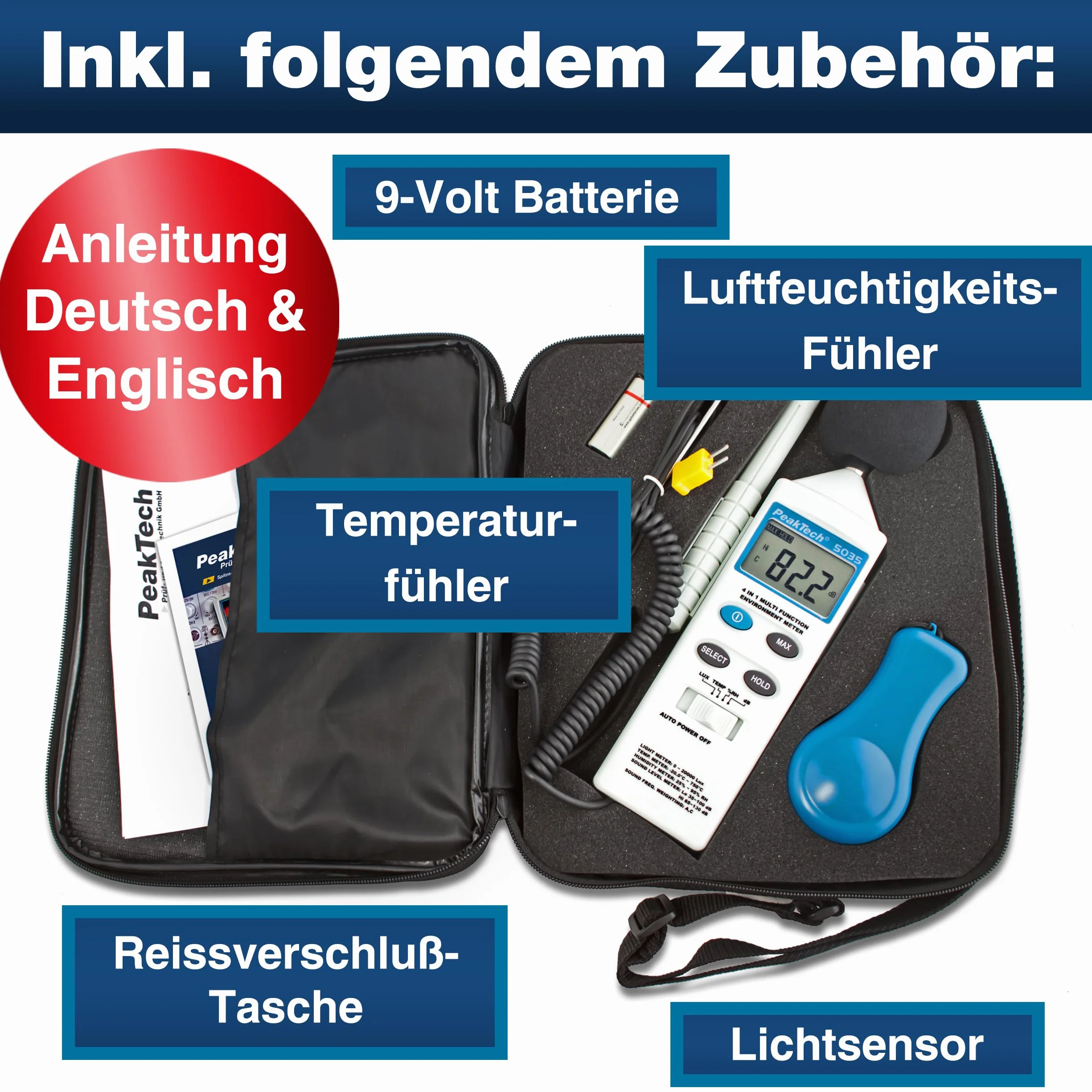 PeakTech P 5035 - Wielofunkcyjny Miernik środowiska ~ z temperaturą, wilgotnością, luksami, poziomem dźwięku