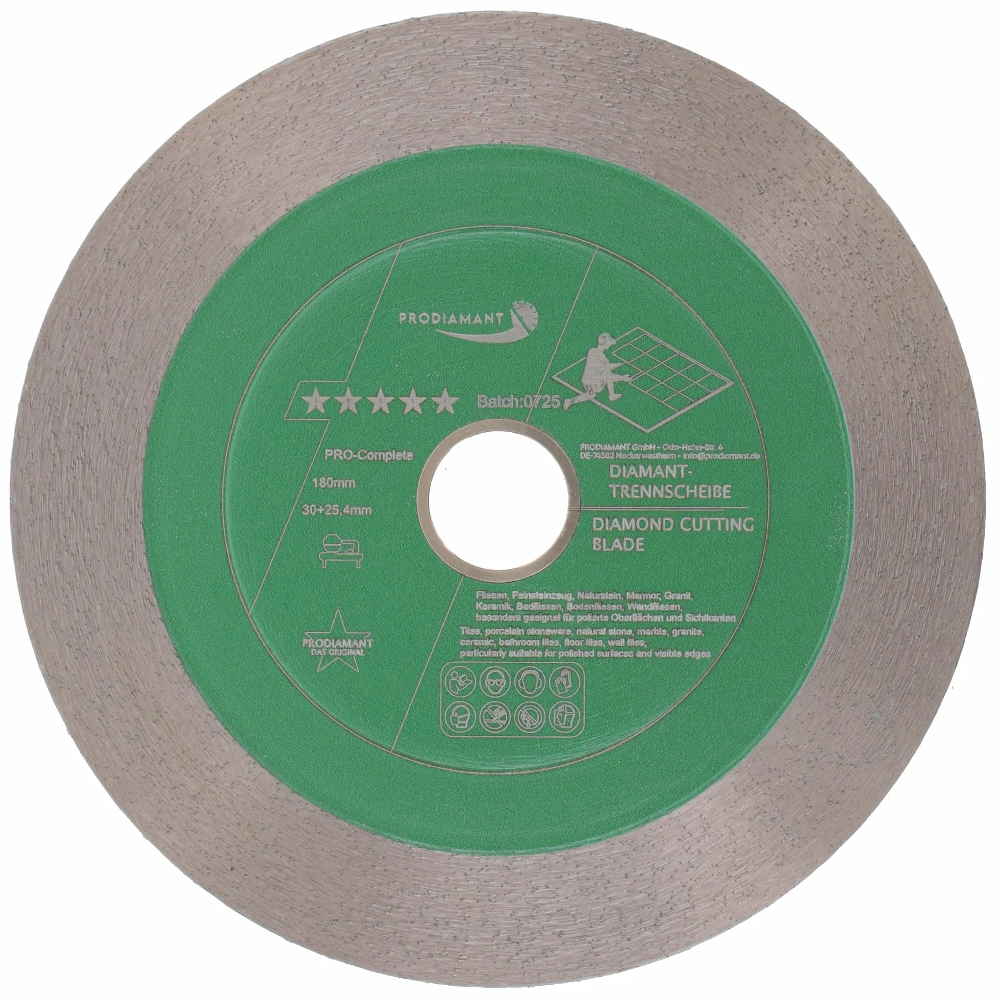 PRODIAMANT PRO-Complete Diamentowa tarcza do płytek, 180 mm x 30 mm, z pierścieniem redukcyjnym do 25,4 mm, do płytek, gresu porcelanowego, ceramiki, kamienia naturalnego – segment kanapkowy 25 mm