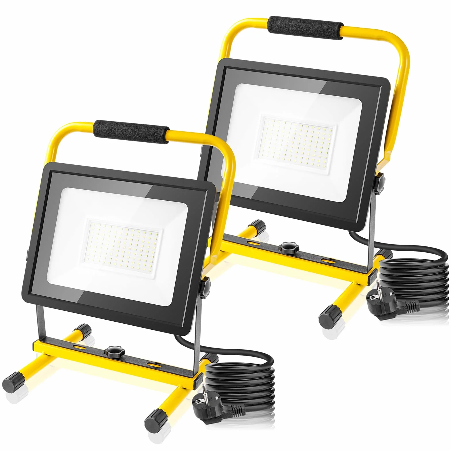 Reflektor budowlany LED, 2 sztuki, 100 W, 10000 lm, 6500 K, zimna biel, lampa na plac budowy z wtyczką, IP66, wodoszczelny reflektor LED, kabel 3 m, reflektor roboczy do warsztatu, na plac budowy