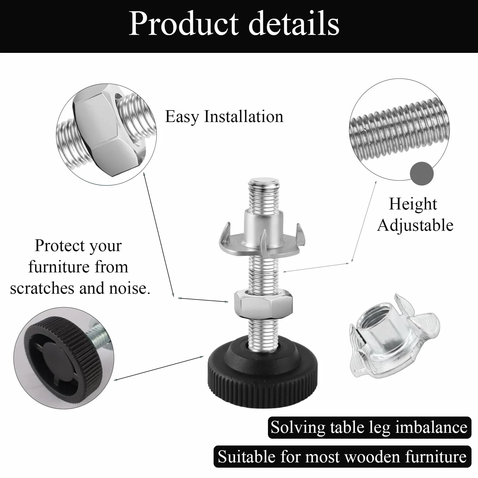 8-częściowy zestaw regulowanych nóżek meblowych M8 x 50 mm, nóżek poziomujących, nóżek regulowanych, nóżek z regulacją wysokości, śrub regulacyjnych z nakrętkami teowymi, nakrętek zabezpieczających