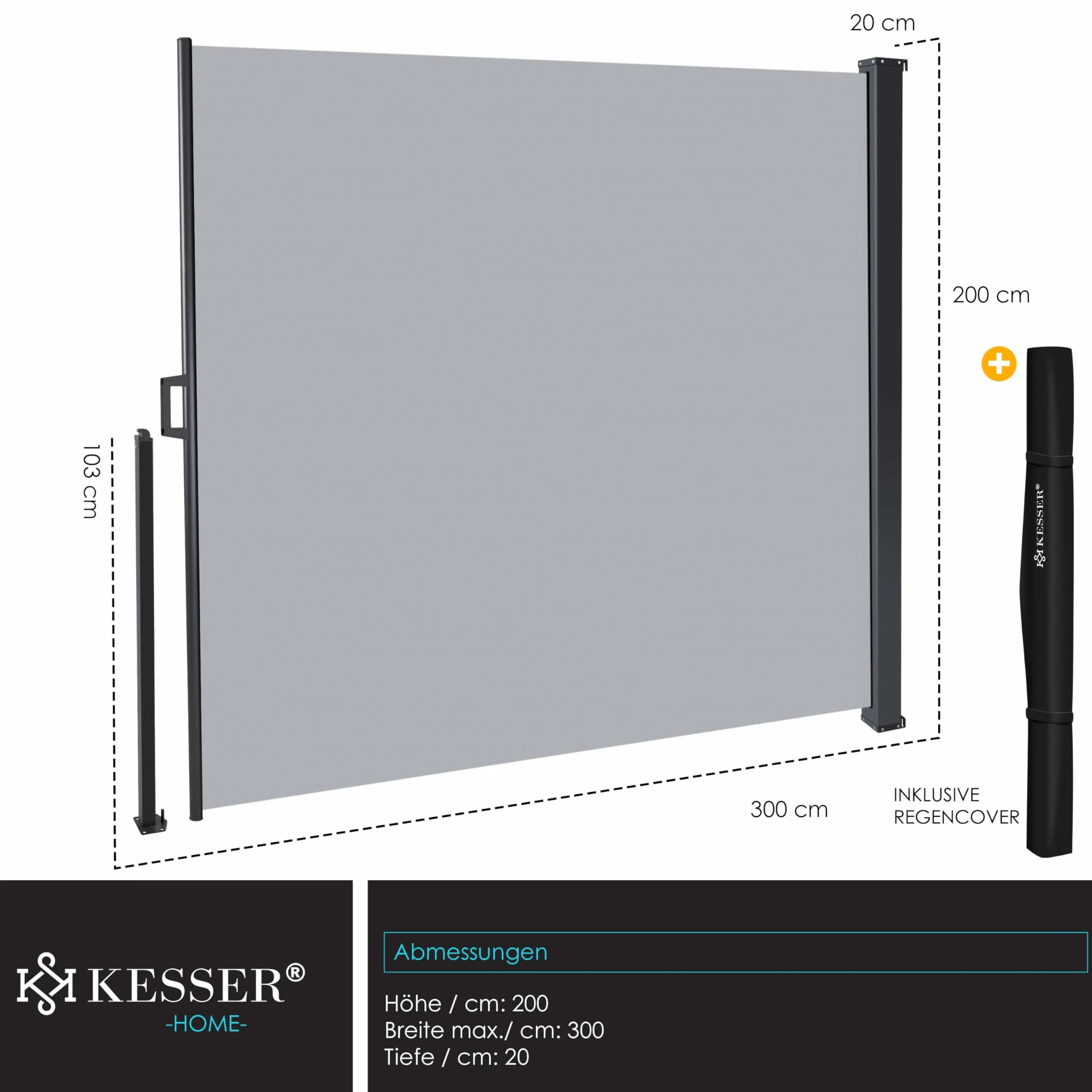 KESSER Markiza boczna rozkładana 200 x 300 cm, nieprzejrzysta, ochrona przed wzrokiem i wiatrem