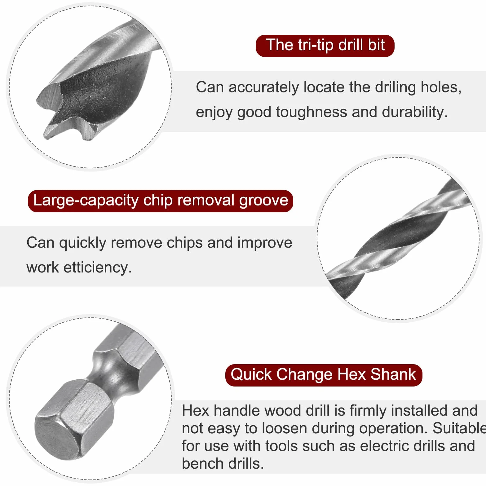 QUARKZMAN 5 szt. wiertła Brad Point 3 mm (3/25") łożysko stalowe 1/4" sześciokątne wiertła do drewna długość robocza 1,26" spiralne narzędzie do wiercenia w drewnie