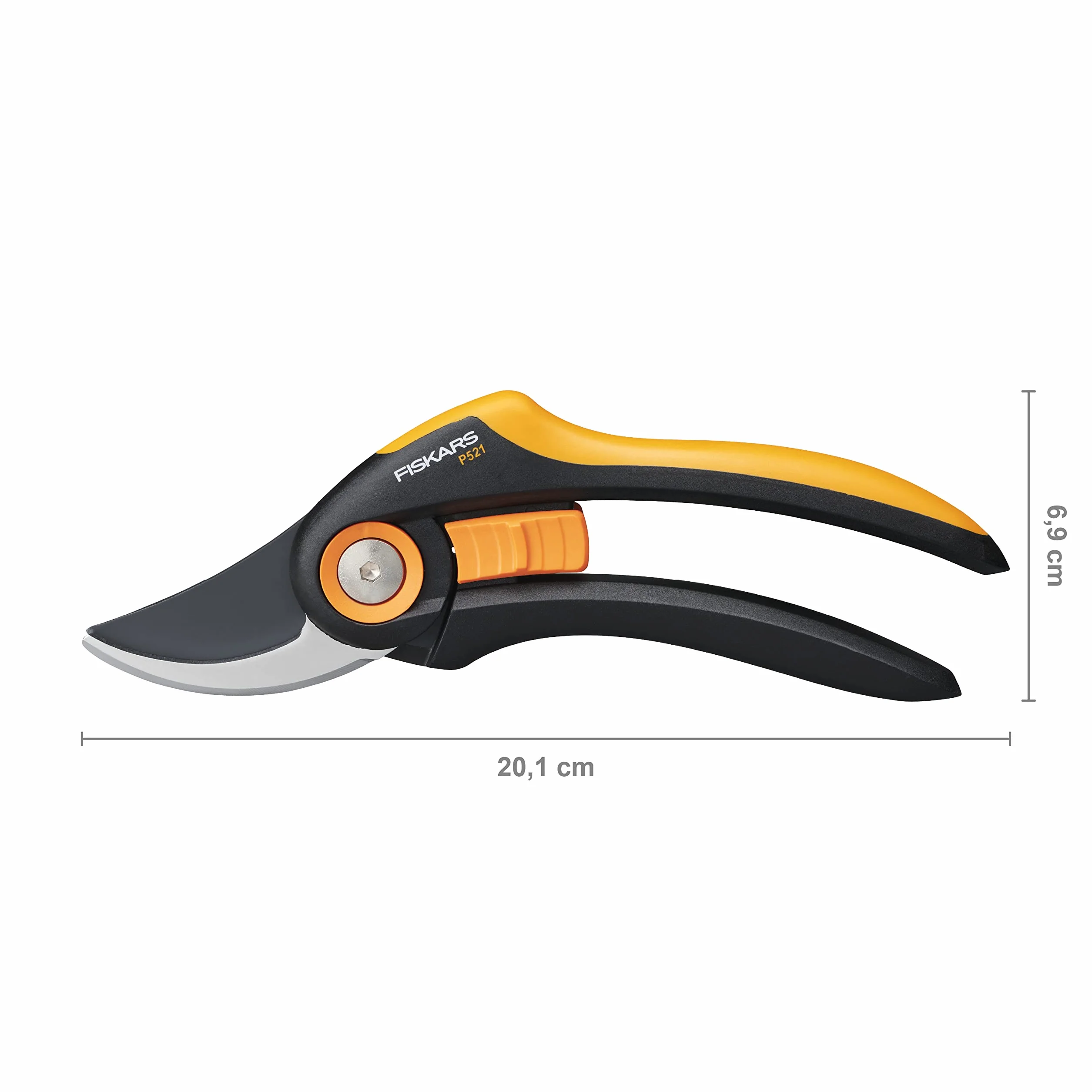 Fiskars Sekator nożycowy, Plus, P521, Do świeżych gałązek i łodyg, Powłoka nieprzywierająca, Ostrza ze stali nierdzewnej, Długość: 20,1 cm, Czarny/Pomarańczowy, 1057167