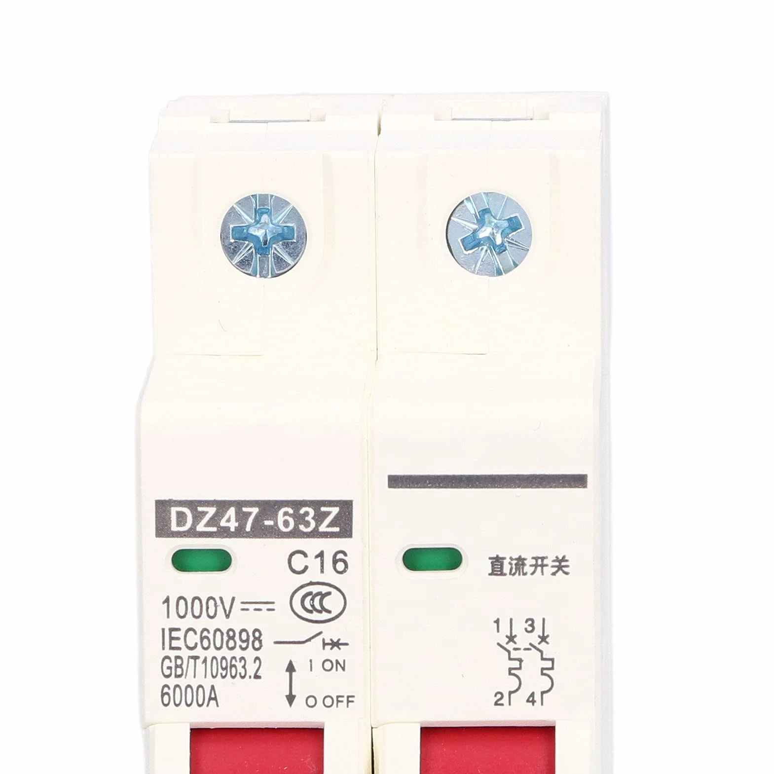 DEWIN Wyłącznik DC, 2P niskie napięcie 6000 A, moc łączeniowa, montaż na szynie DIN, 16 A, 1000 V, do fotowoltaicznych solarnych, motocykli elektrycznych, samochodów elektrycznych