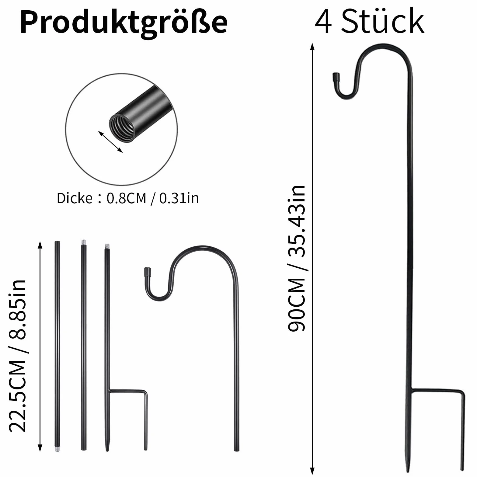 4 sztuki haków ogrodowych, 90 cm, do latarni ogrodowych, haków pasterskich, metalowy pręt ogrodowy z haczykiem, do klatek dla ptaków, lamp solarnych, latarni, dzwonków wietrznych, koszy na rośliny