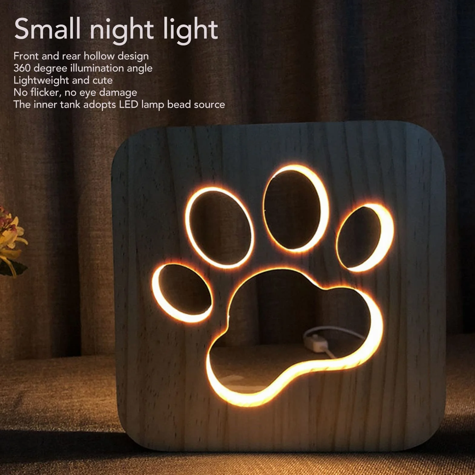 Lampka nocna LED kocia łapa drewniana lampa stołowa Zasilanie USB 3D Kreatywna lampa biurkowa Wydrążona łapa dla psa Projekt Ochrona oczu Lampka nocna do sypialni Prezent Walentynki