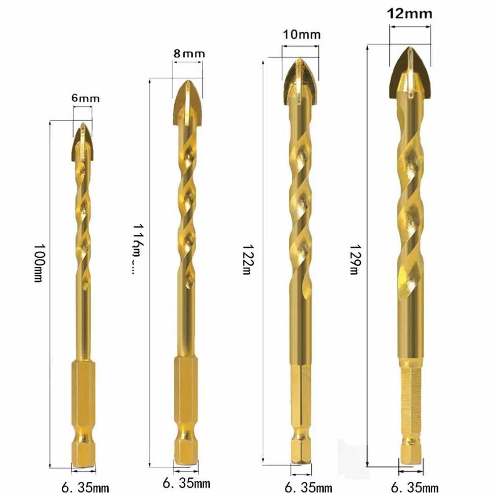 Wiertło do szkła i płytek 612 mm Skręcone czteroostrzowe wiertła diamentowe z krzyżem sześciokątnym do płytek Szklana ceramika do betonu Otwieracz do otworów Trójkątne wiertło ze stopu, 2 szt. (Color