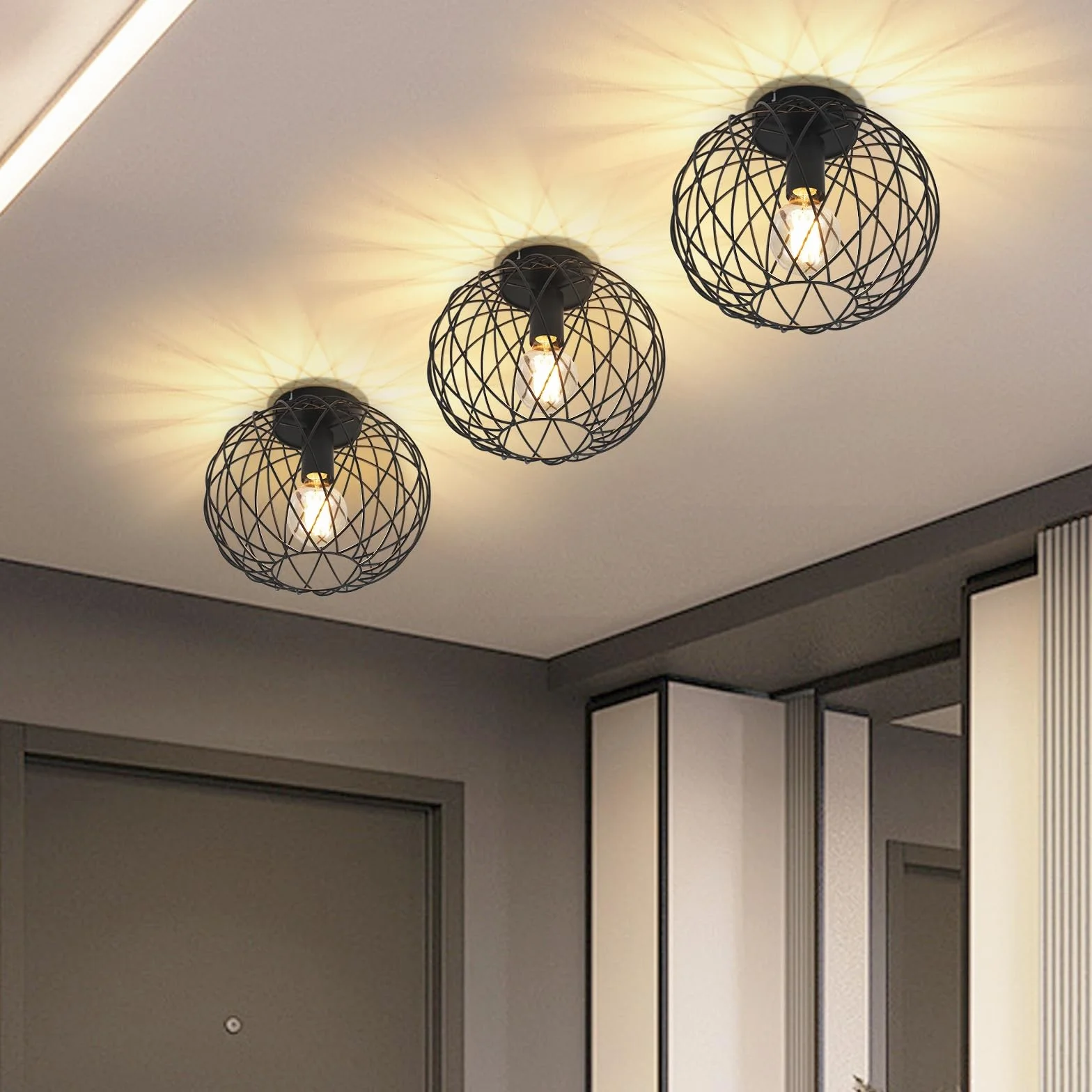 Glitzerlife Lampa sufitowa czarna lampa do korytarza industrialna 3ER | Lampa sufitowa E27 Vintage 1 płomień okrągły retro metalowy klosz lampa w kształcie klatki kratka jadalnia salon kuchnia